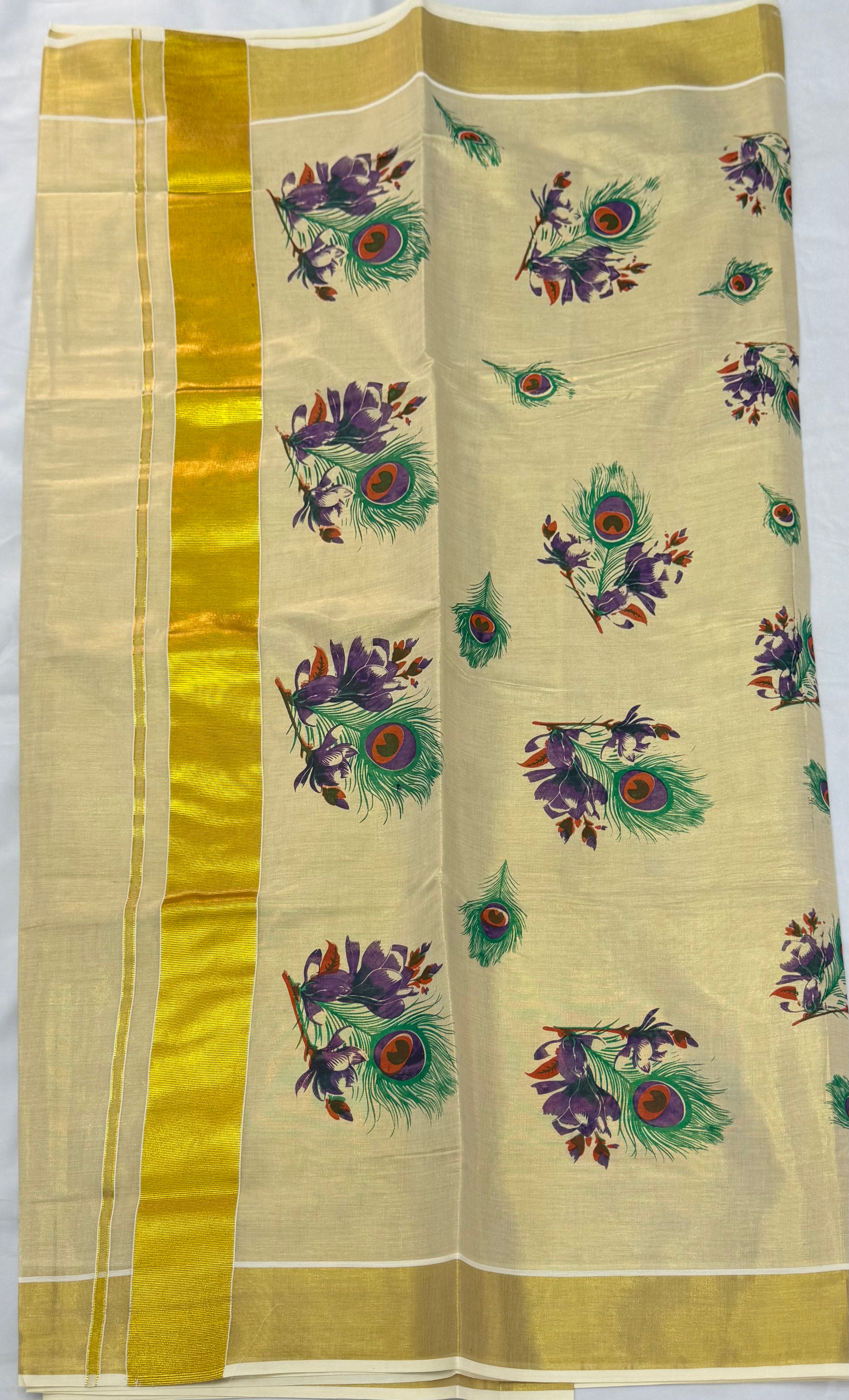 MURAL ART KASAVU TISSUE KERALA SAREE (GOLD,CREAM)