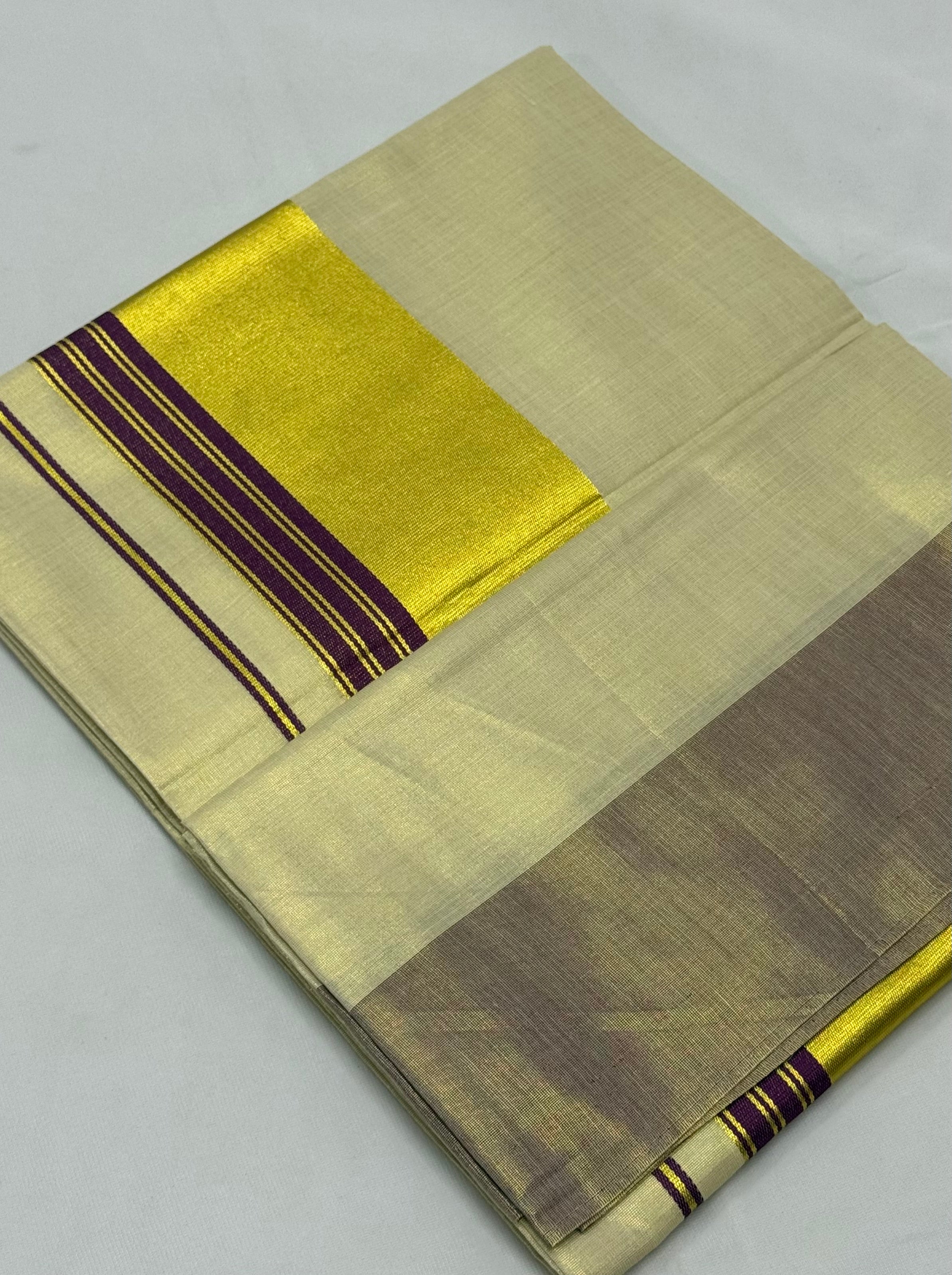 PREMIUM KERALA KASAVU TISSUE STRIPES SAREE - (CREAM,GOLD,VIOLET)