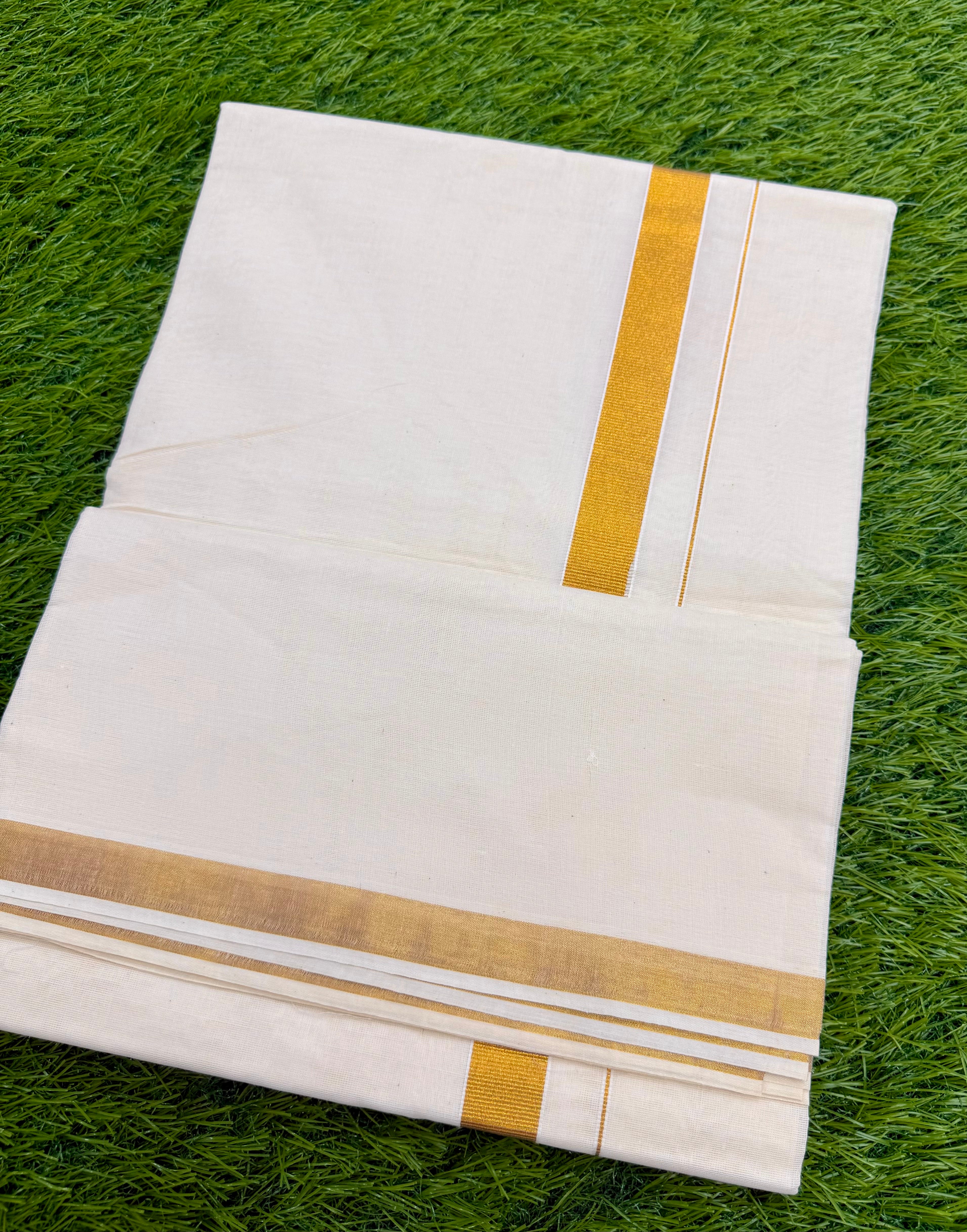 TRADITIONAL KASAVU COTTON SOLID SAREE - (GOLD,OFF WHITE)