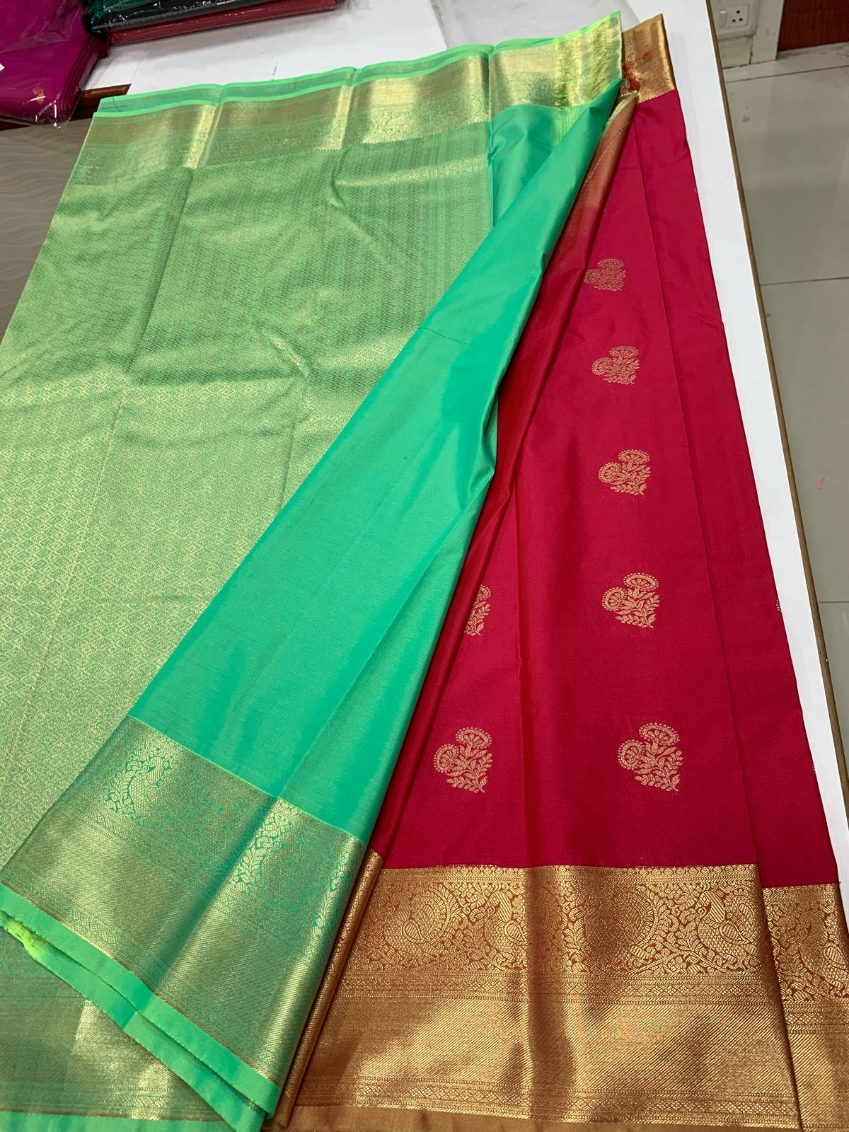 SEMI KANCHI SILK SAREE - PINK & SEAFOAM GREEN