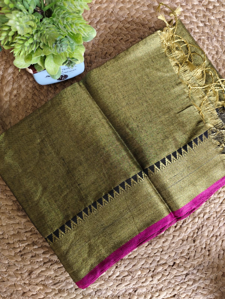 SOFT TISSUE KHADI SAREE WITH TEMPLE BORDER - GREEN