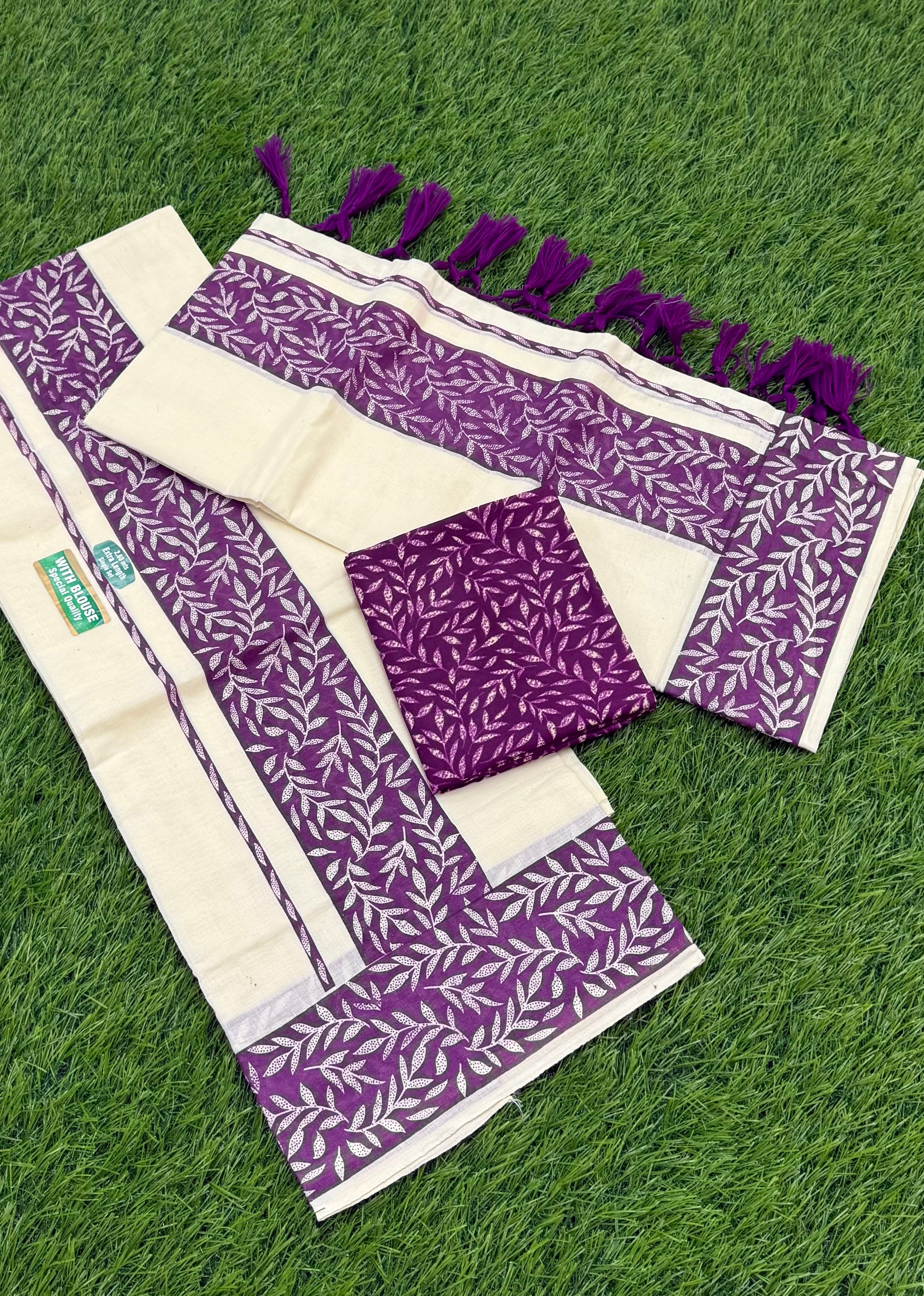 FANCY PRINTED SINGLE SET MUNDU (MUNDUM NERIYATHUM) WITH BLOUSE PIECE - 2 X 2.80 MTRS