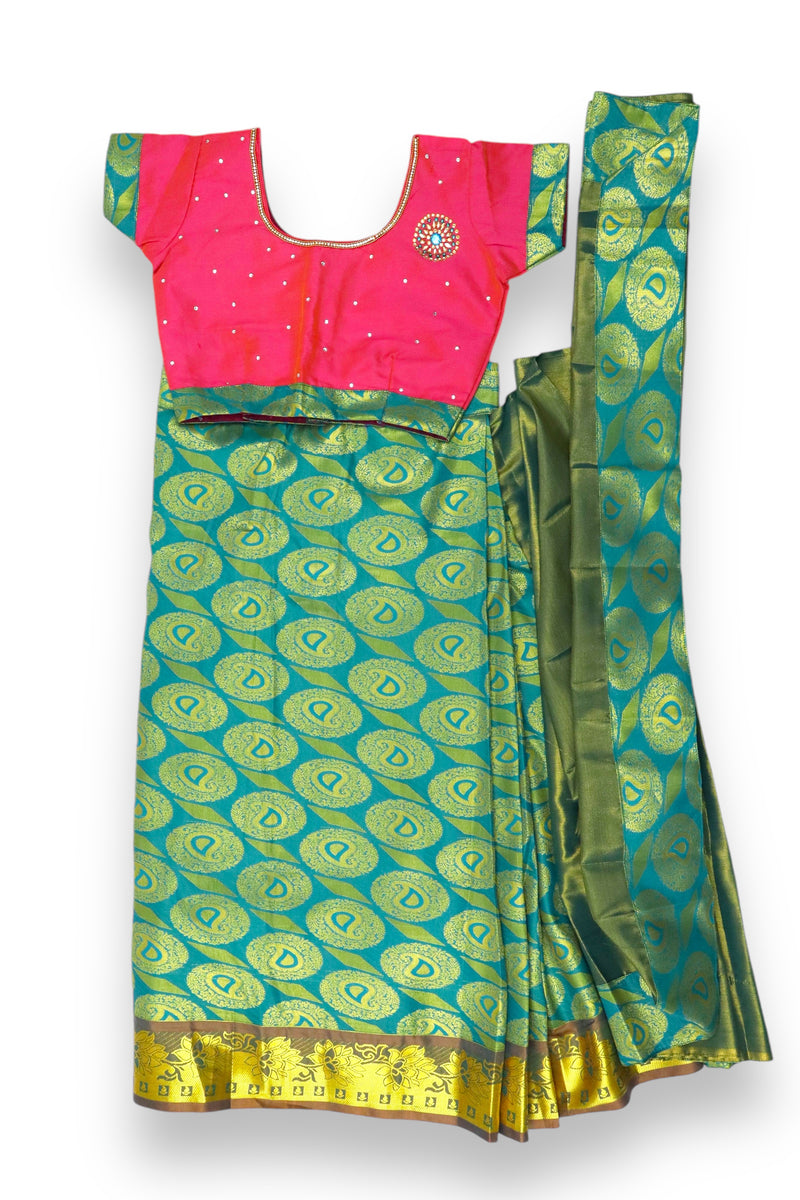 KIDS GIRLS PATTU PAVADAI/HALF SAREE - PINK & TEAL