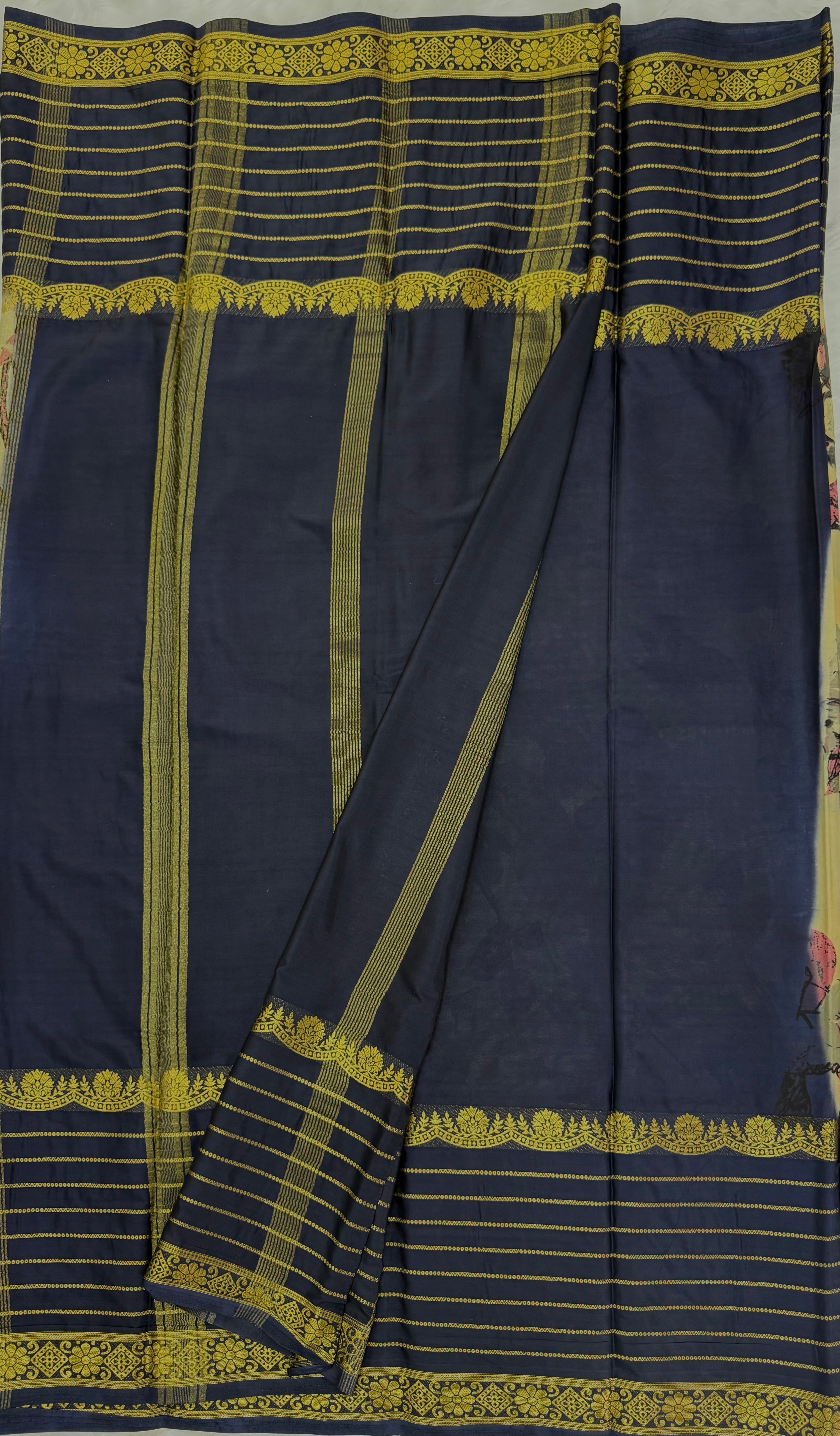 KALAMKARI PURE QUALITY MYSORE SILK SAREE - NAVY BLUE