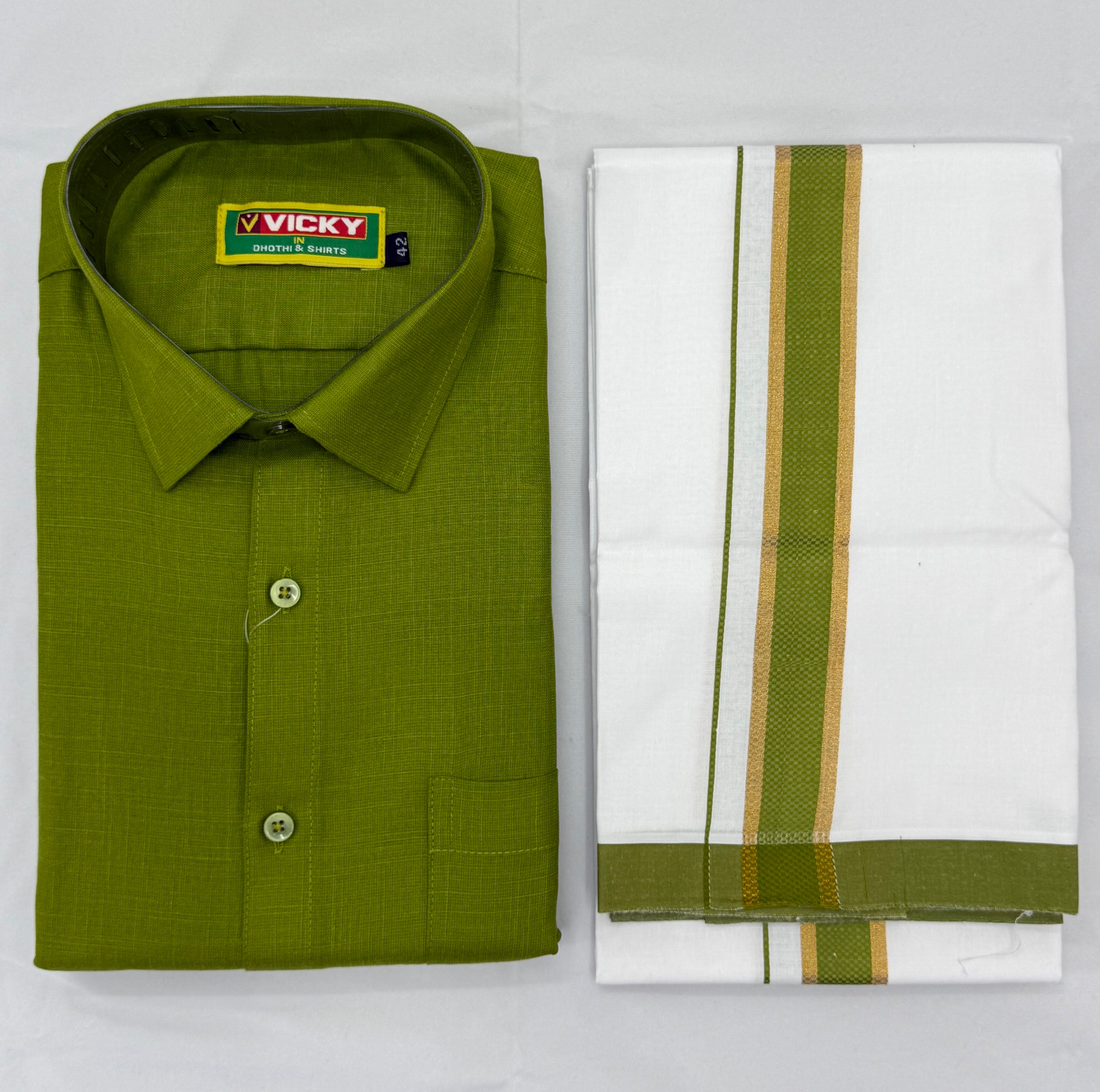 MEN'S MATCHING FANCY BORDER SINGLE DHOTI & SHIRT SET - OLIVE GREEN