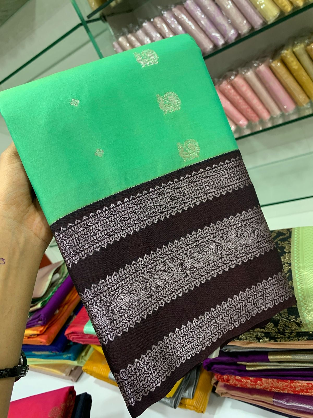 SEMI KANCHI SILK SAREE - SEAFOAM GREEN & BROWN