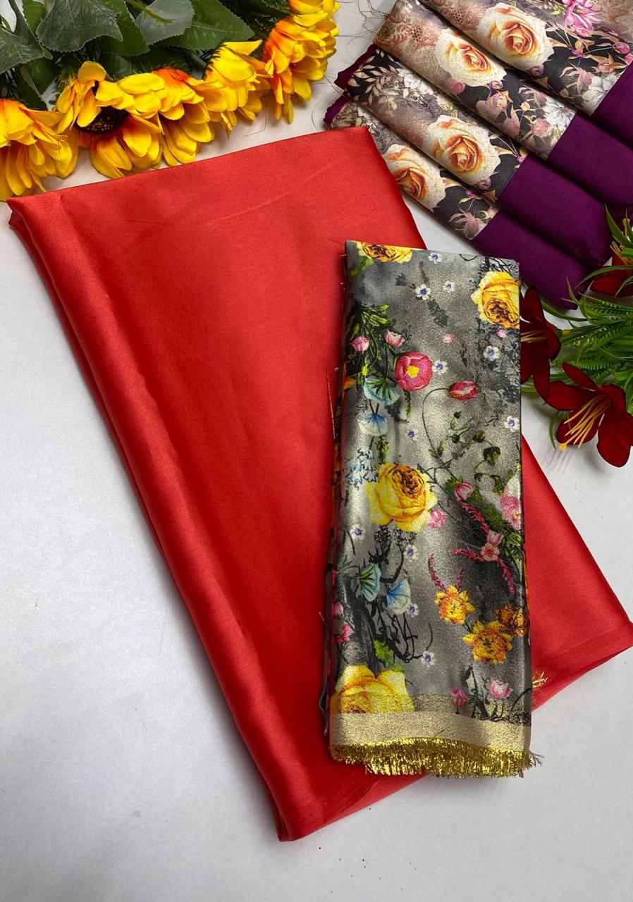 PLAIN SATIN SILK SAREE WITH DIGITAL PRINTED BLOUSE - ORANGE