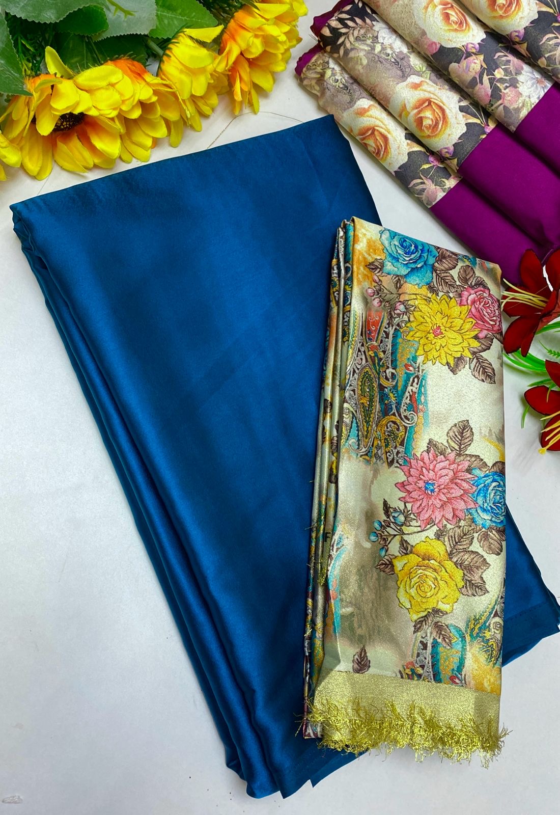 PLAIN SATIN SILK SAREE WITH DIGITAL PRINTED BLOUSE -  BLUE