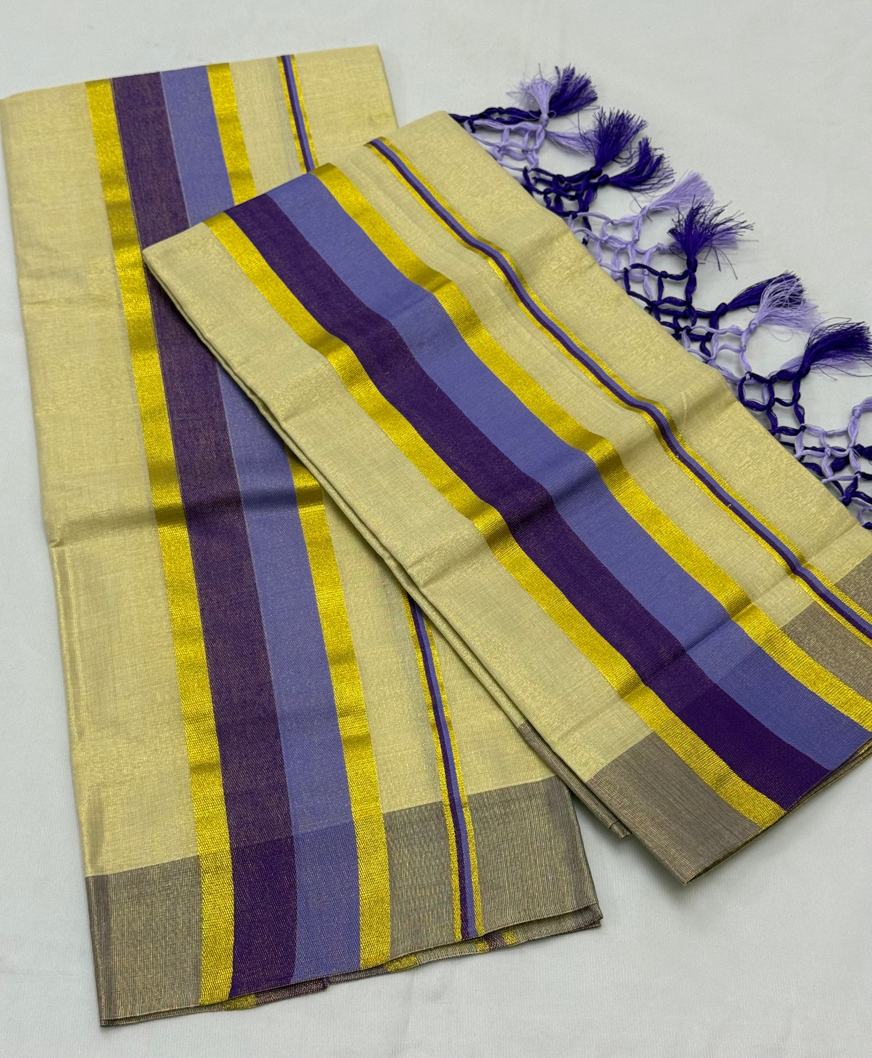 TISSUE SINGLE SET MUNDU (MUNDUM NERIYATHUM) WITH KARA BORDER - 2 X 2.80 MTRS - (CREAM,MULTI)