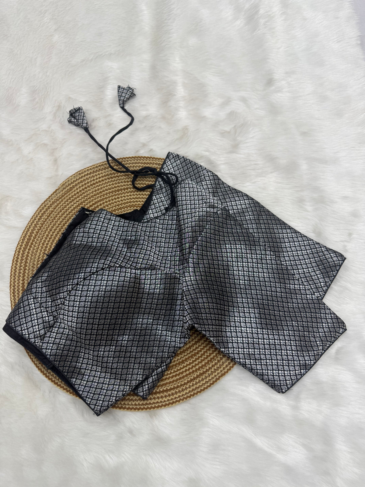 DESIGNER JACQUARD READY TO WEAR SAREE BLOUSE - BLACK & SILVER