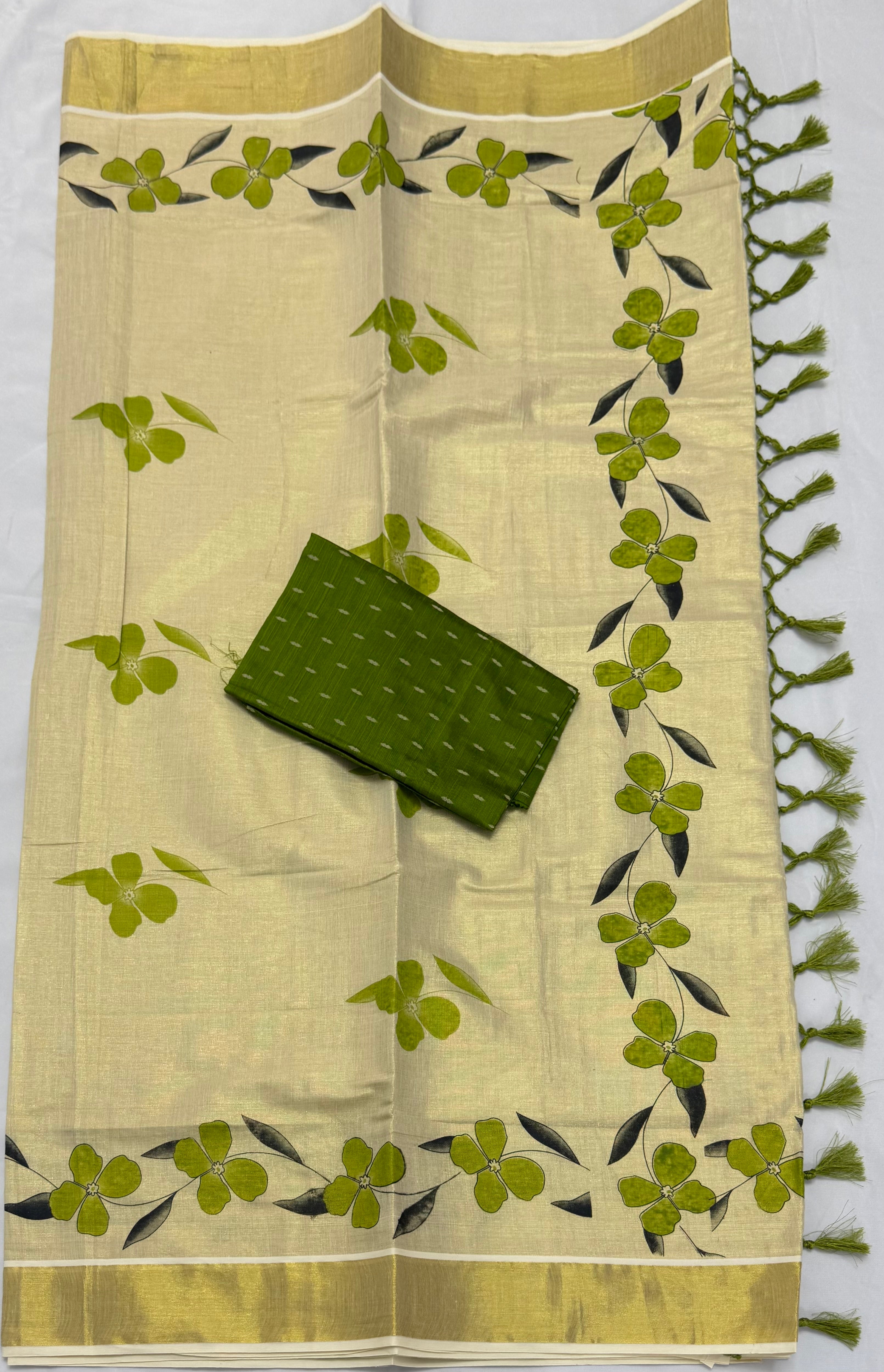 FLORAL PRINTED KASAVU TISSUE SAREE WITH BLOUSE PIECE 1M - (GOLD,CREAM,GREEN)