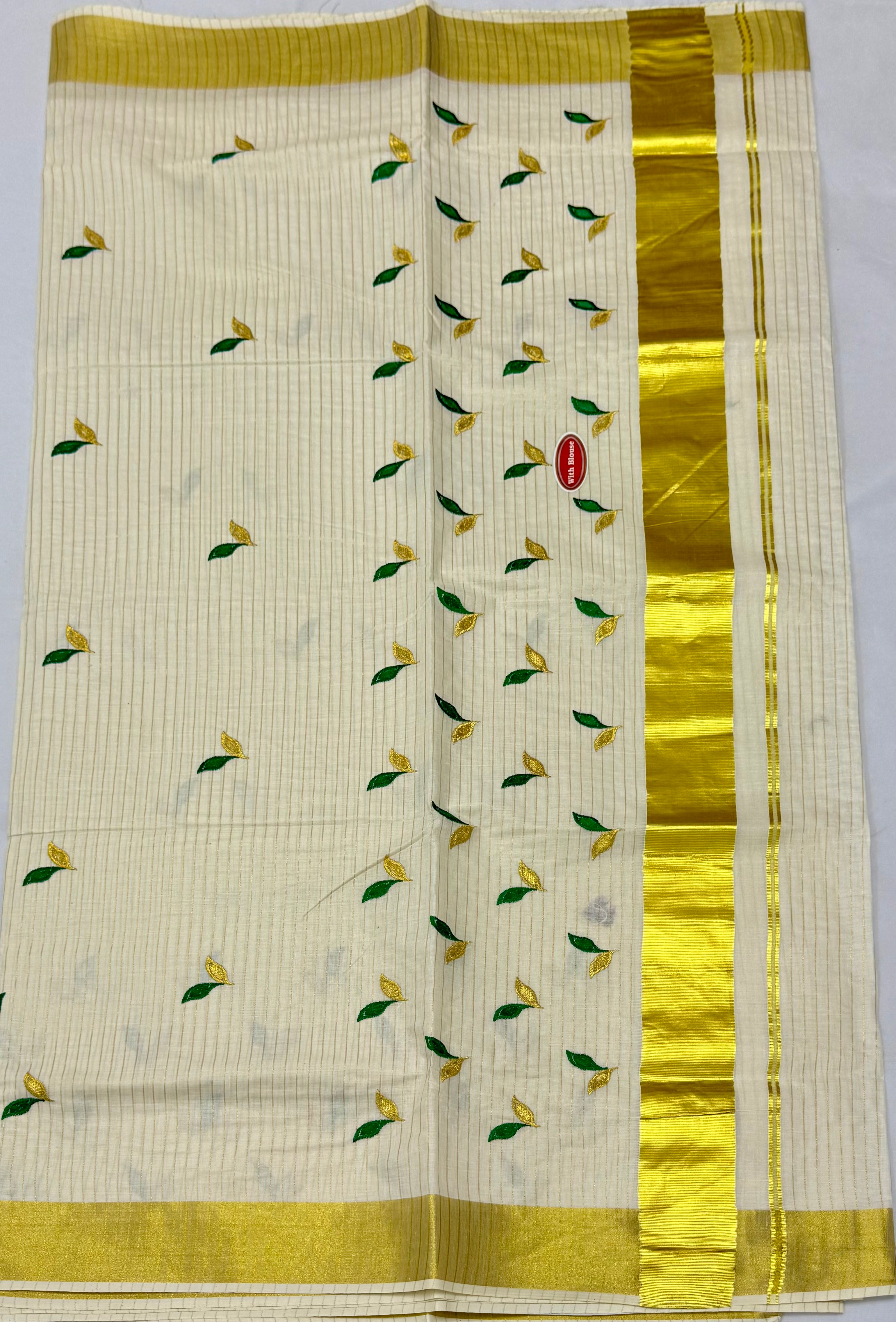 KERALA KASAVU COTTON EMBROIDERY SAREE - (OFF WHITE,GOLD)