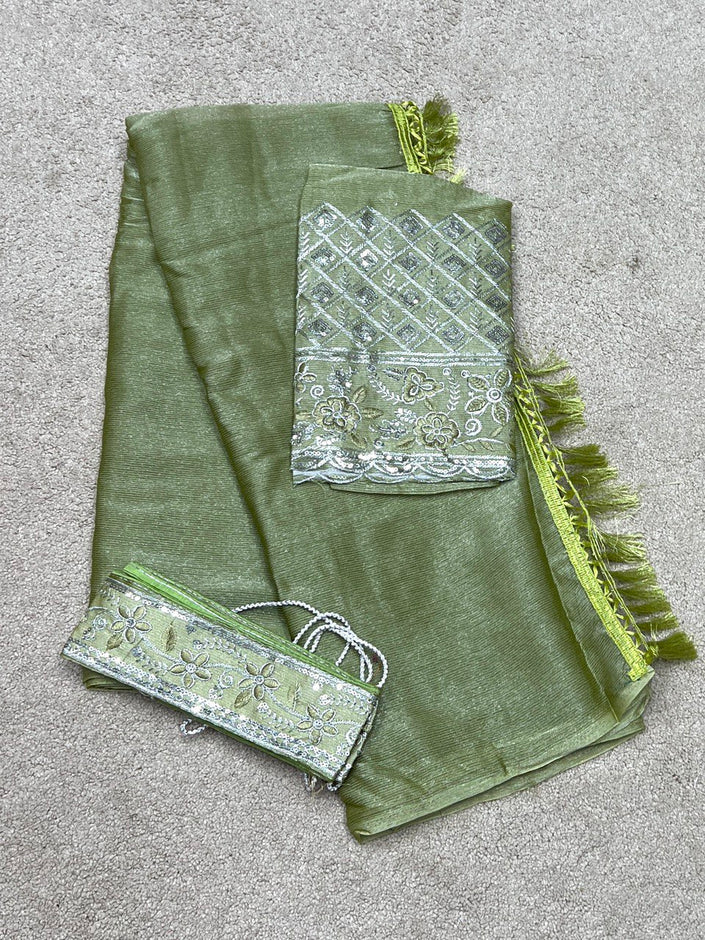 DESIGNER SAREE WITH MATCHING HIP BELT - TEA GREEN