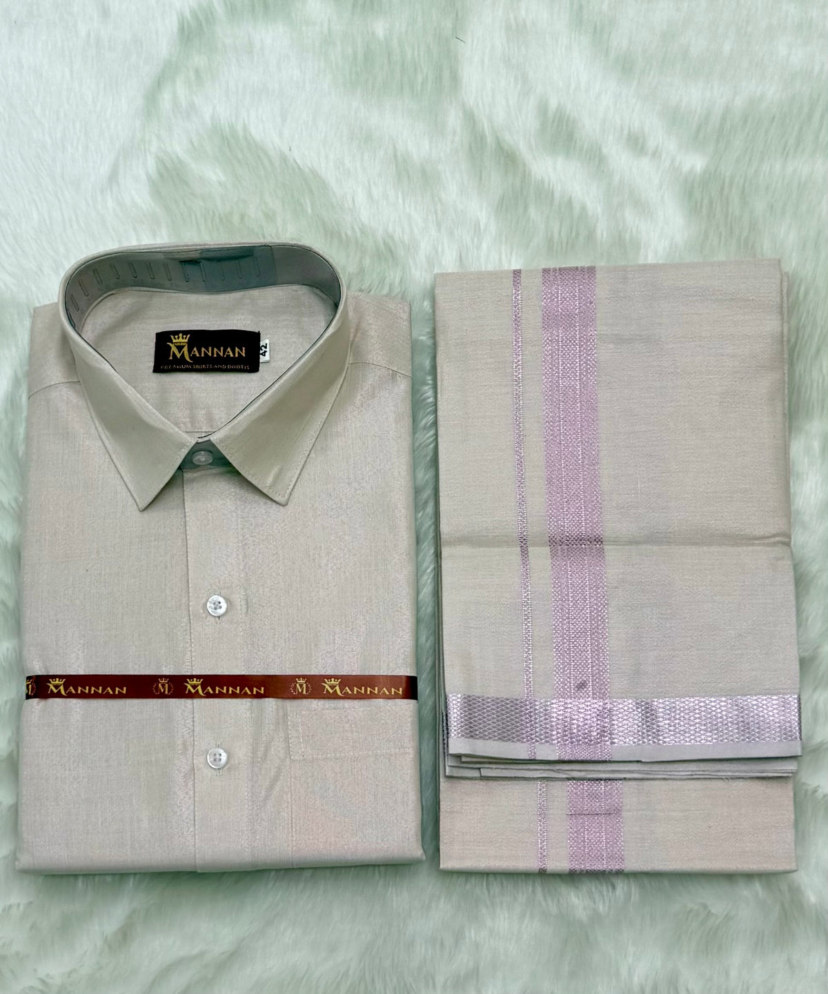 MEN'S PREMIUM TISSUE SINGLE DHOTI & SHIRT SET - PINK COPPER