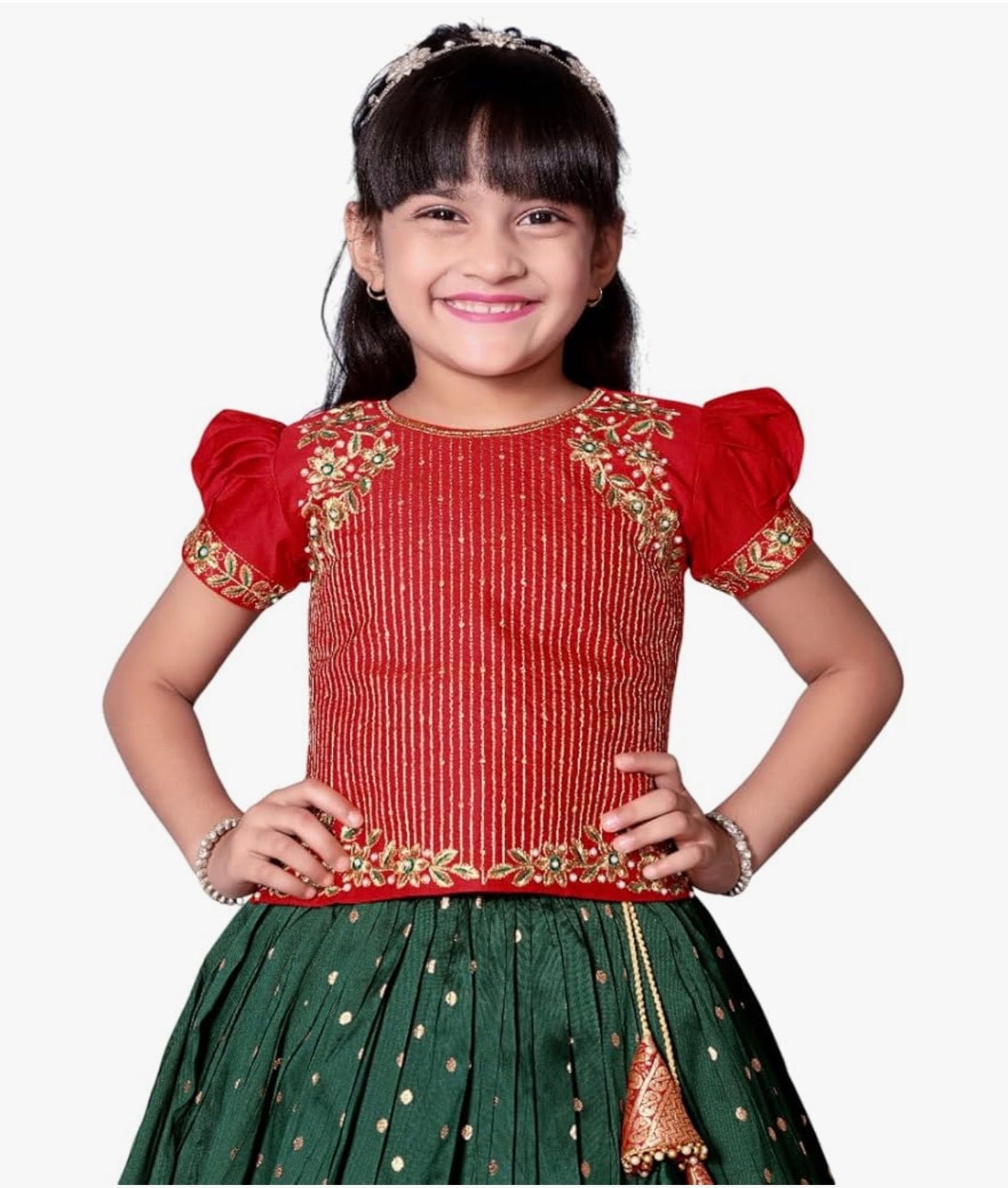 GIRLS SILK BLEND READYMADE PATTU PAVADAI/LEHENGA CHOLI - RED & GREEN