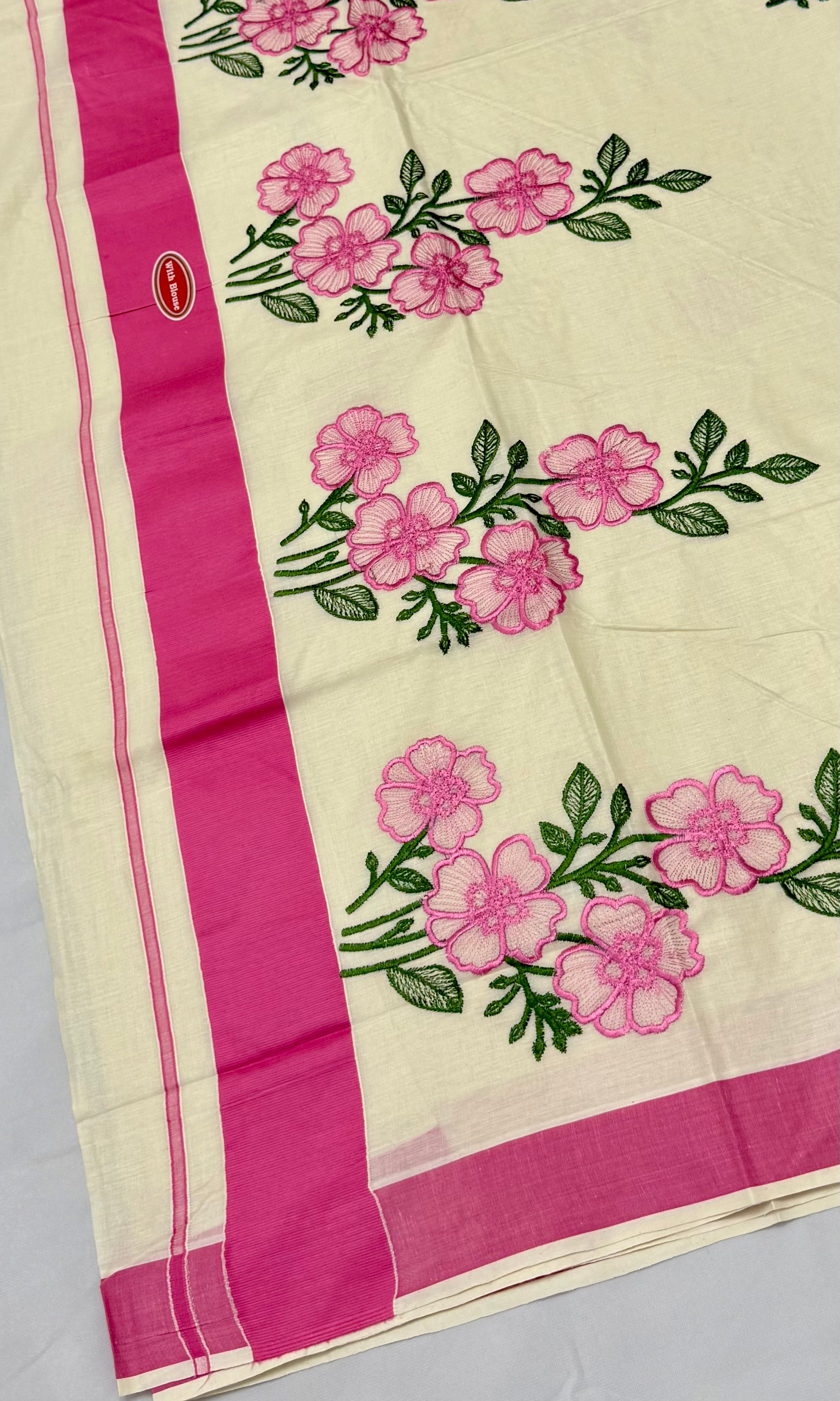 KERALA KASAVU COTTON EMBROIDERY SAREE - (OFF WHITE,PINK)