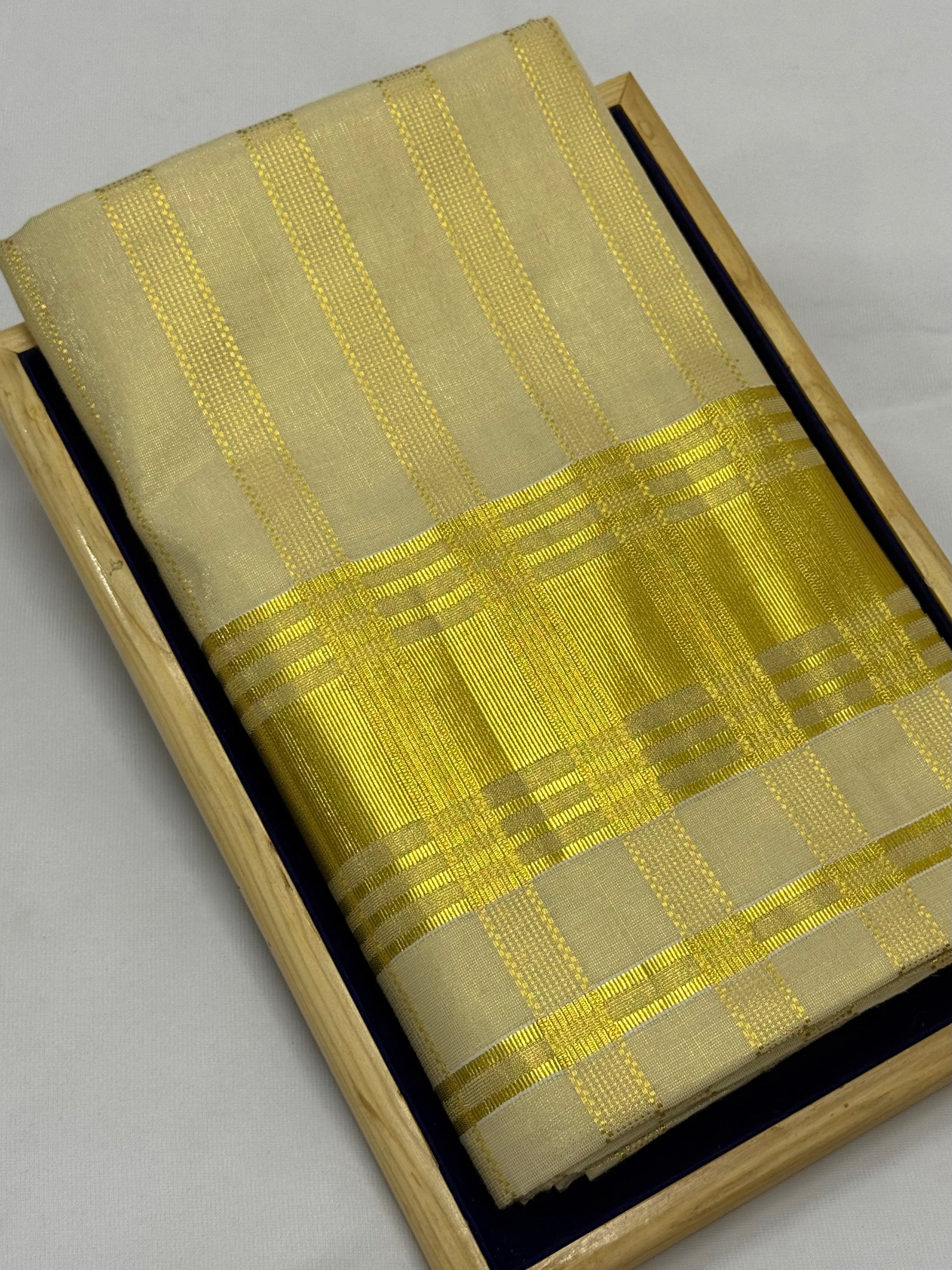 TRADITIONAL DUAL STRIPES KASAVU TISSUE SAREE - (CREAM,GOLD)