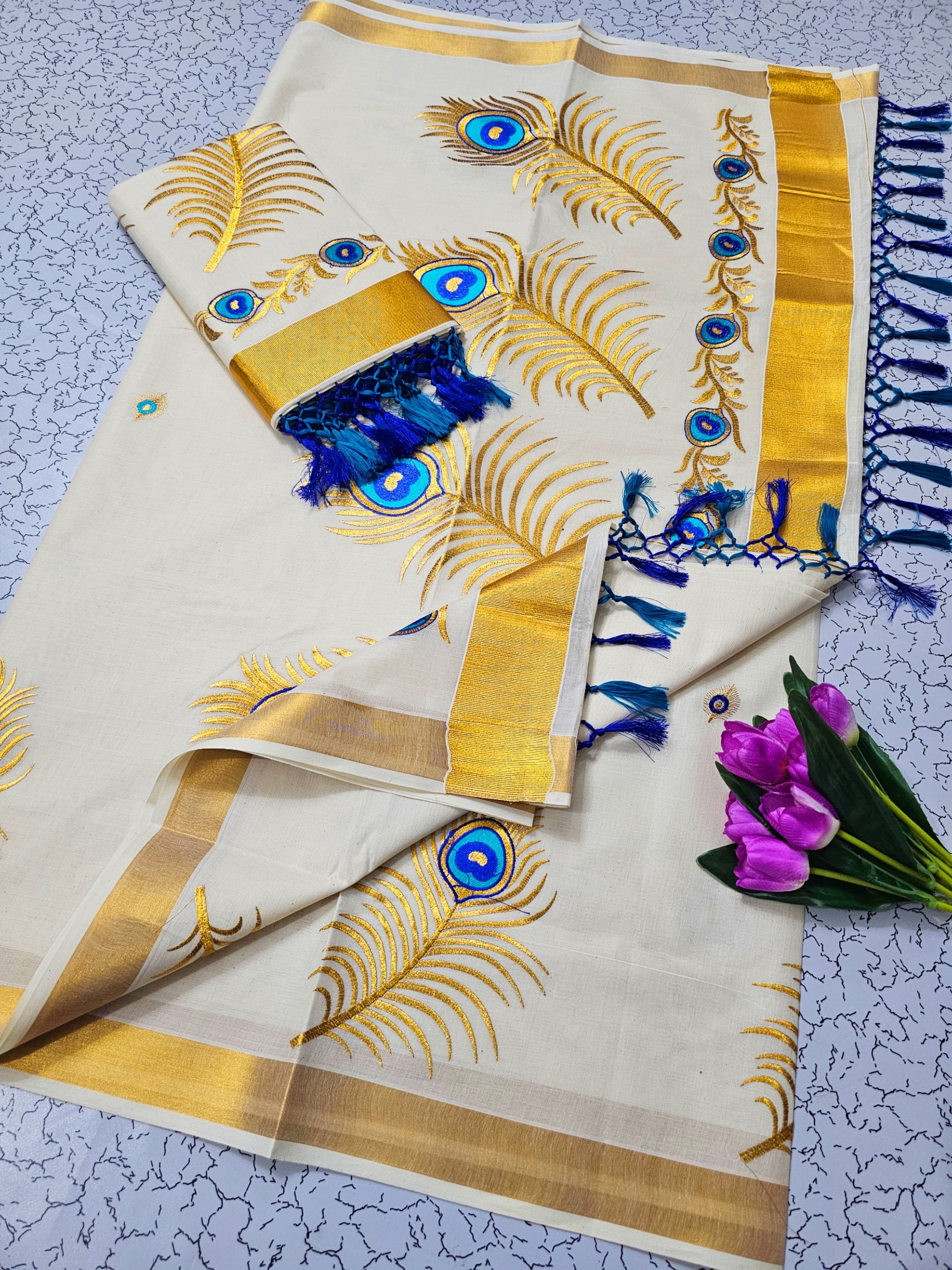 KERALA FANCY PEACOCK FEATHER EMBROIDERED SAREE (GOLD)