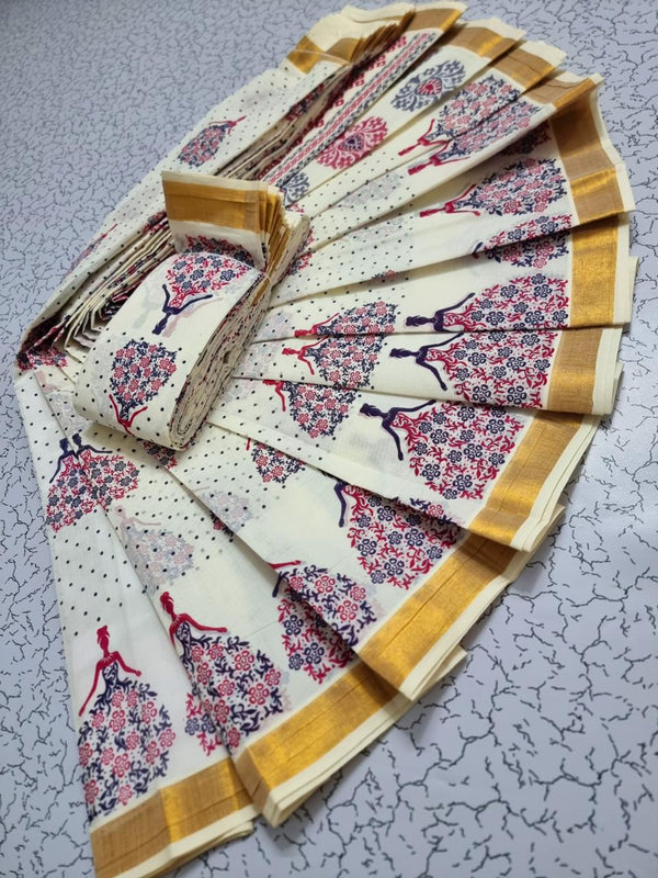 PRINTED WORK KERALA COTTON SAREES