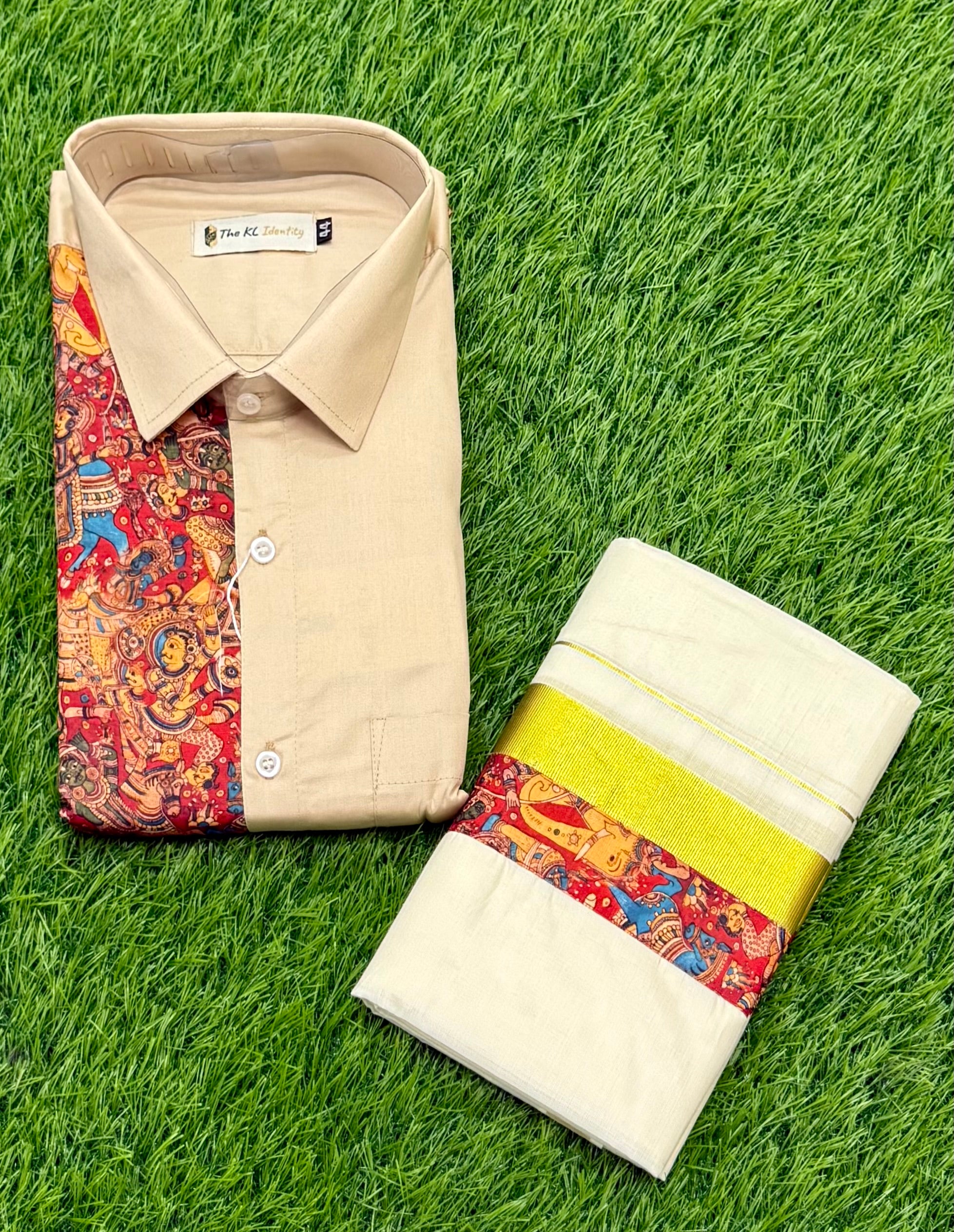 PREMIUM AJRAKH PRINTED HALF SLEEVE SHIRT & MUNDU COMBO - LIGHT BEIGE