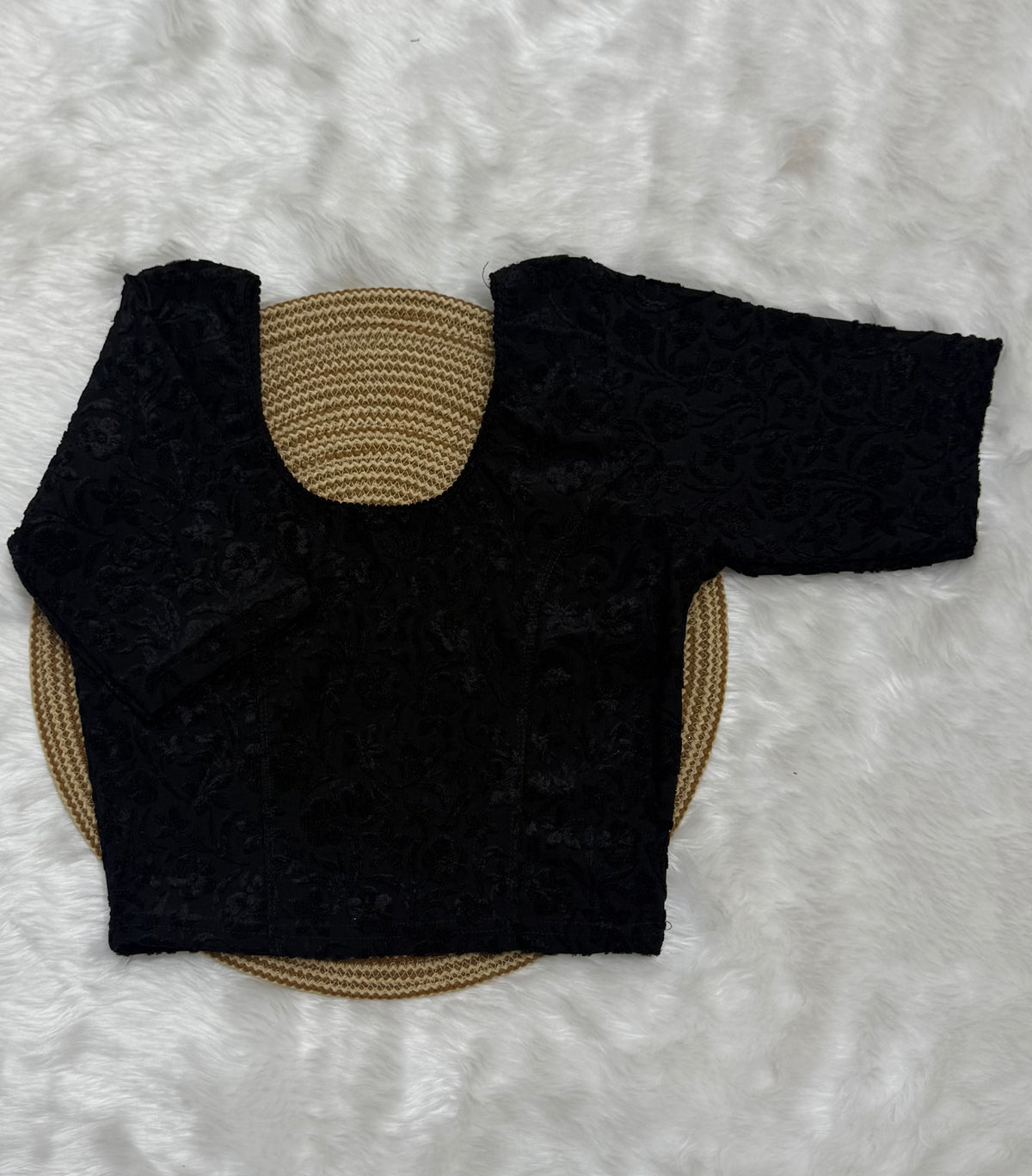 FLORAL EMBOSSED STRETCHABLE BLOUSE - BLACK