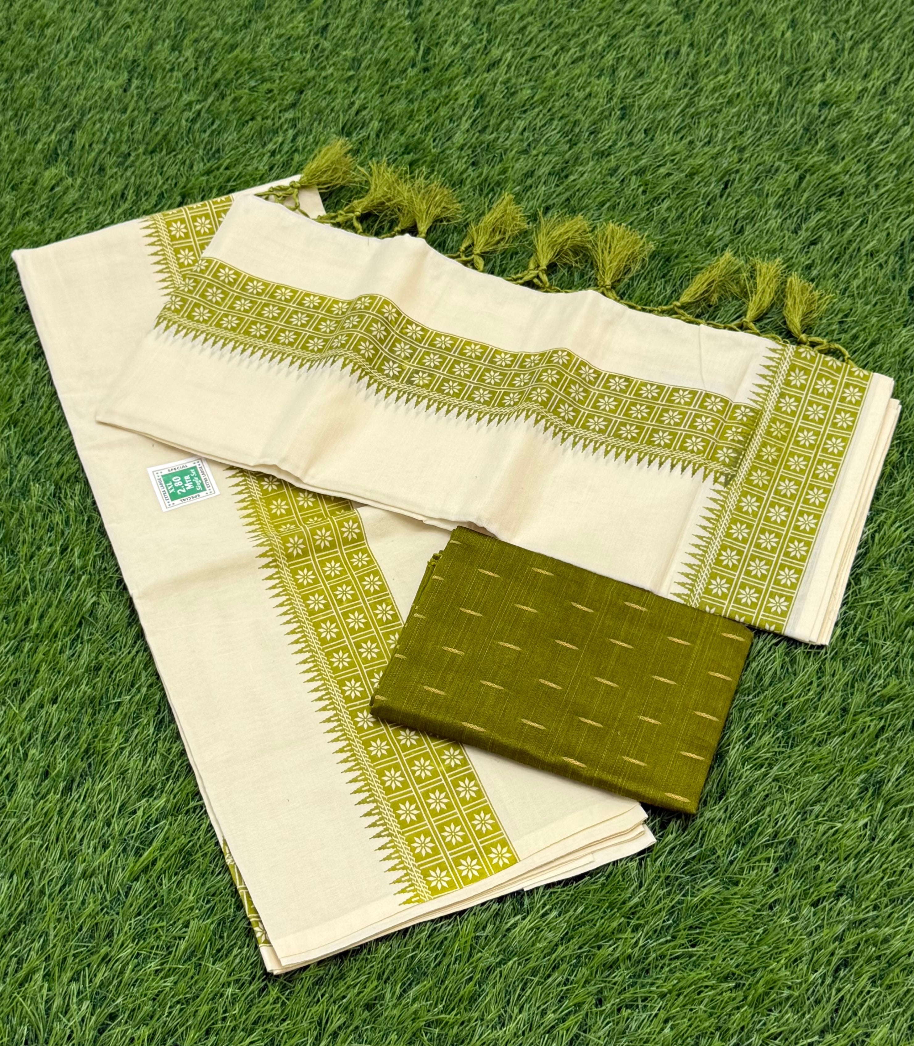 FANCY PRINTED SINGLE SET MUNDU (MUNDUM NERIYATHUM) WITH BLOUSE PIECE - 2 X 2.80 MTRS