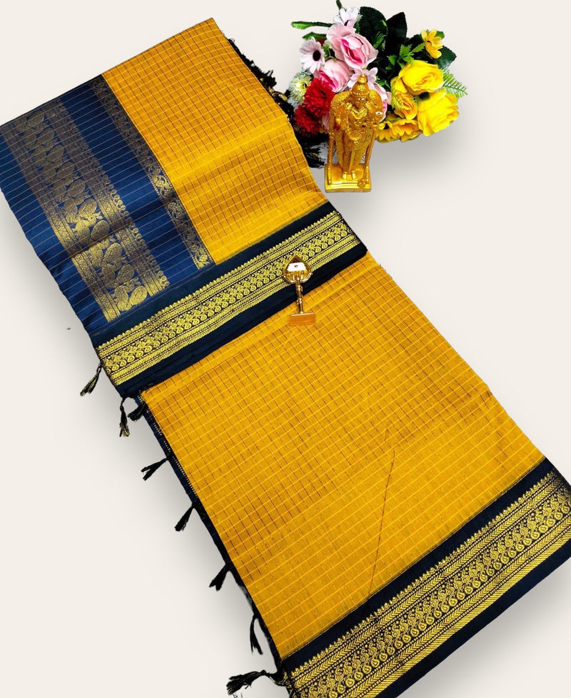 CHECKED GADWAL KALYANI COTTON SILK SAREES - YELLOW