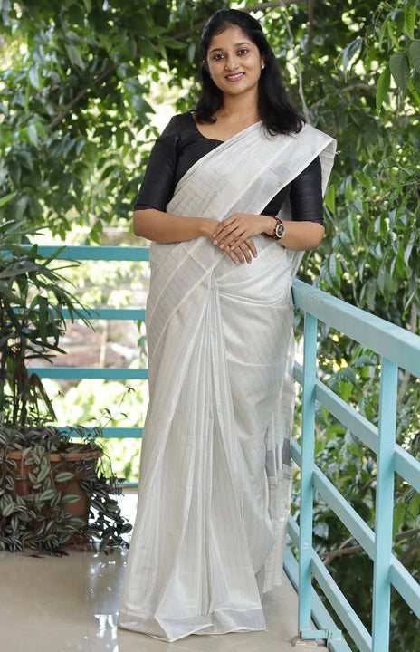 PREMIUM TISSUE KASAVU KERALA SAREE - SILVER