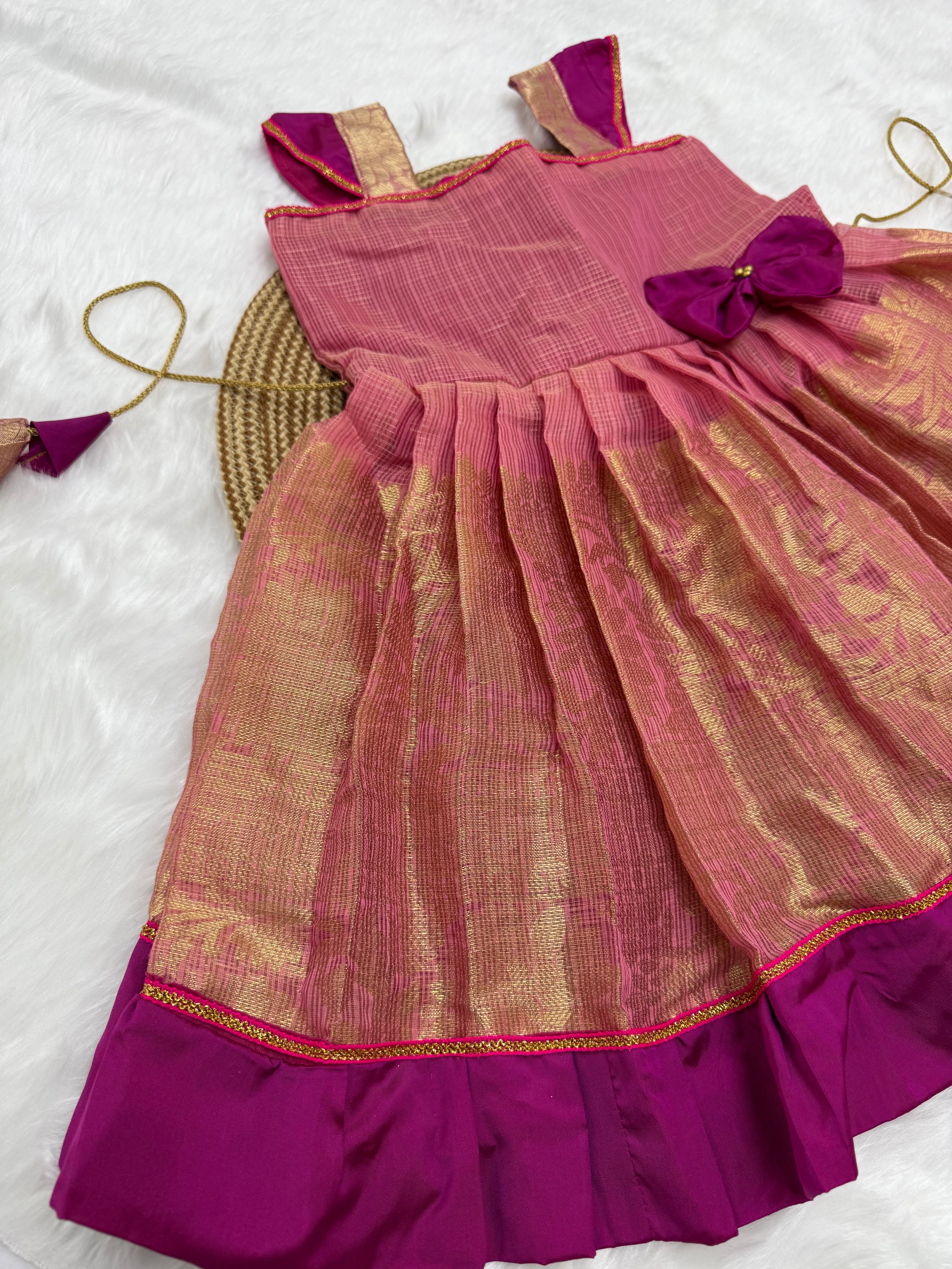 PINK & GOLD PATTU PAVADAI FOR KIDS | TRADITIONAL SILK FROCK WITH BOW & PURPLE BORDER