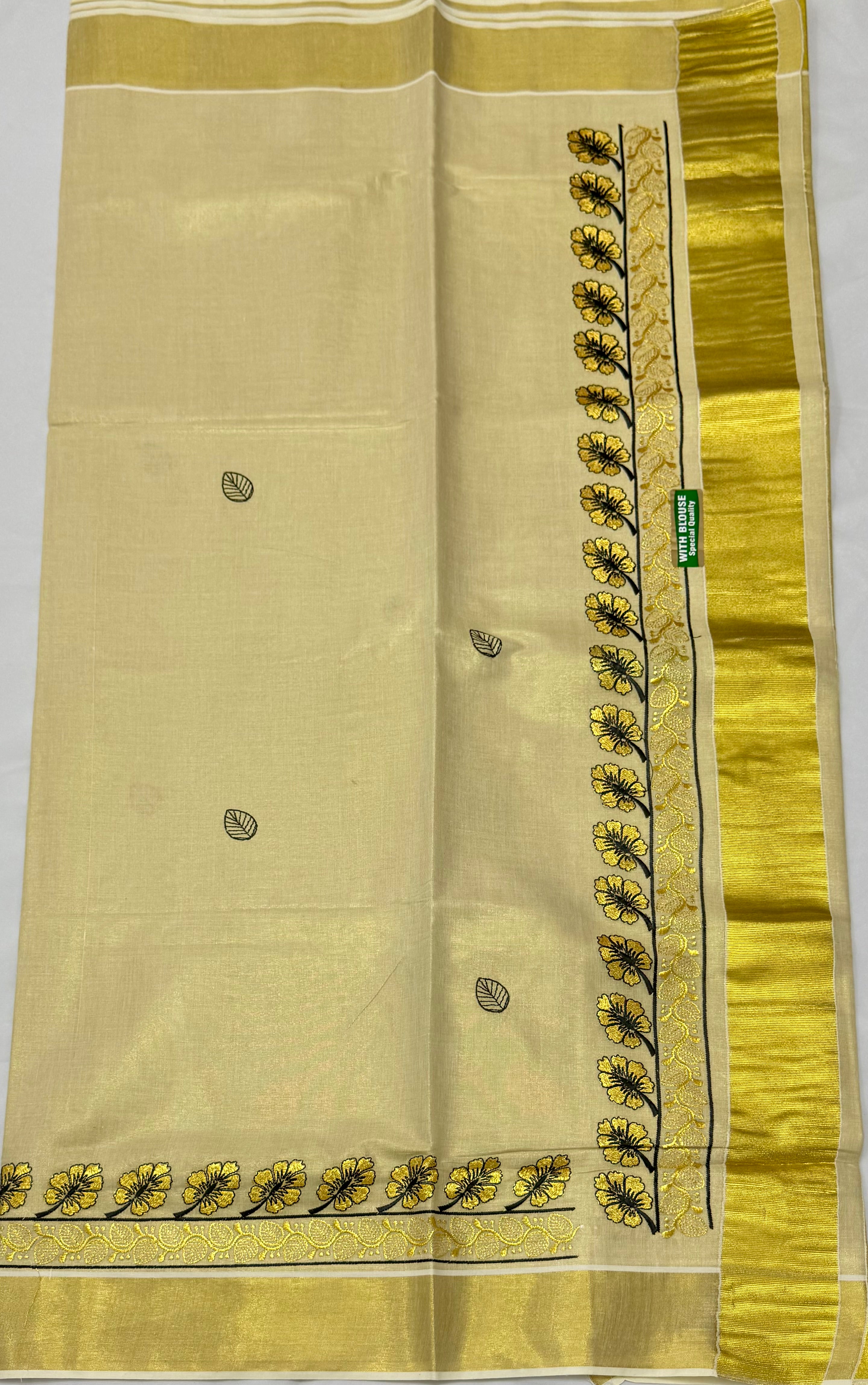 KERALA KASAVU TISSUE SILK EMBROIDERY  SAREE - (GOLD,CREAM)