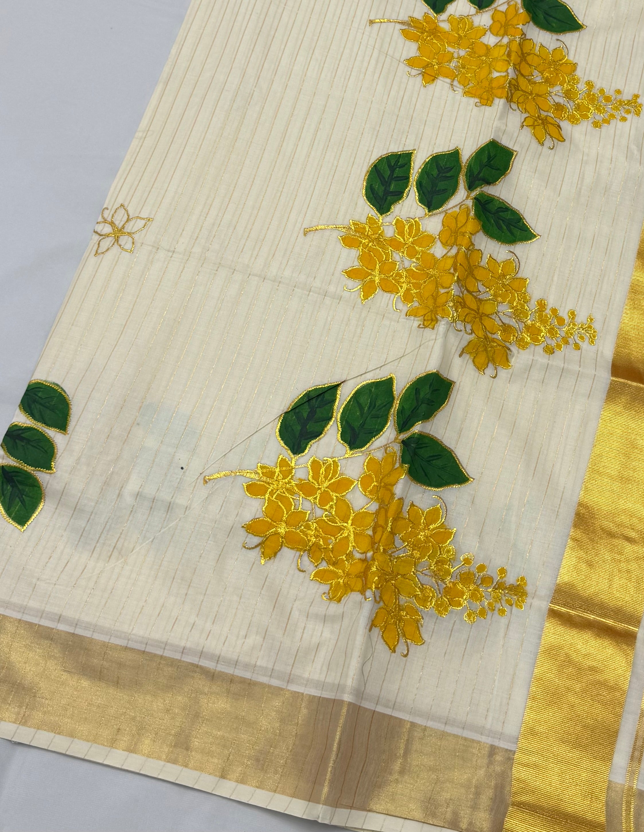 KERALA KASAVU COTTON EMBROIDERY SAREE - (OFF WHITE,GOLD)