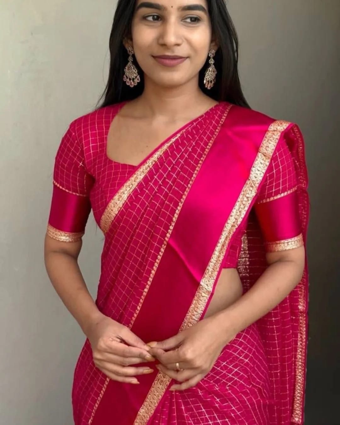 PARTYWEAR  VISCOSE GEORGETTE SAREE WITH SATIN BORDER - HOT PINK