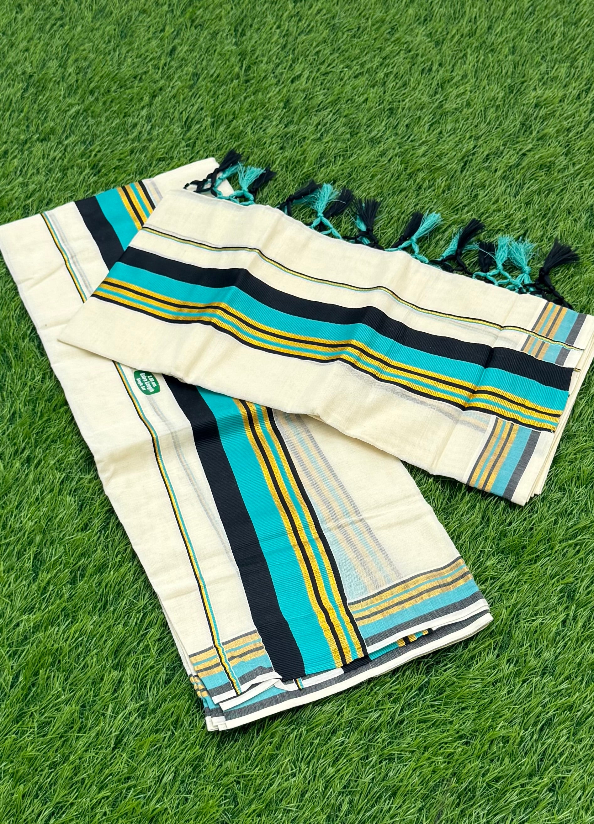 KASAVU COTTON STRIPE PATTERN SINGLE SET MUNDU (MUNDUM NERIYATHUM) - 2 X 2.80 MTRS - (OFF WHITE)