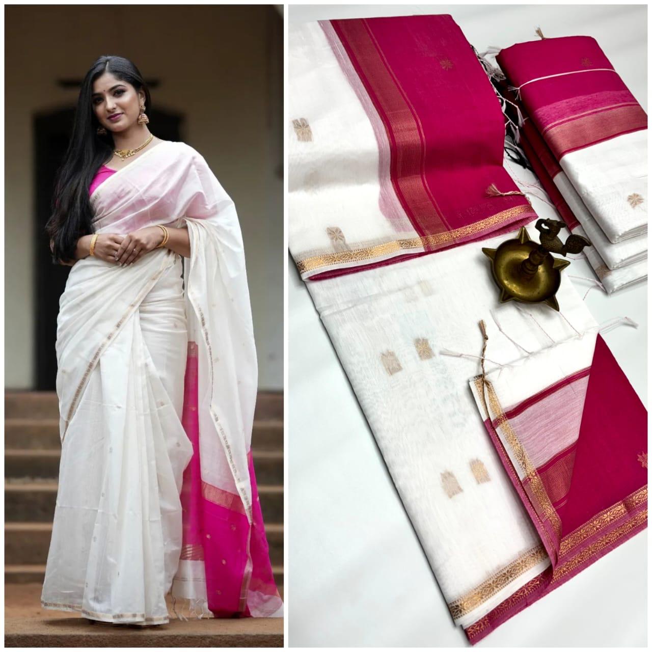 MAHESHWARI COTTON SILK SAREE - WHITE