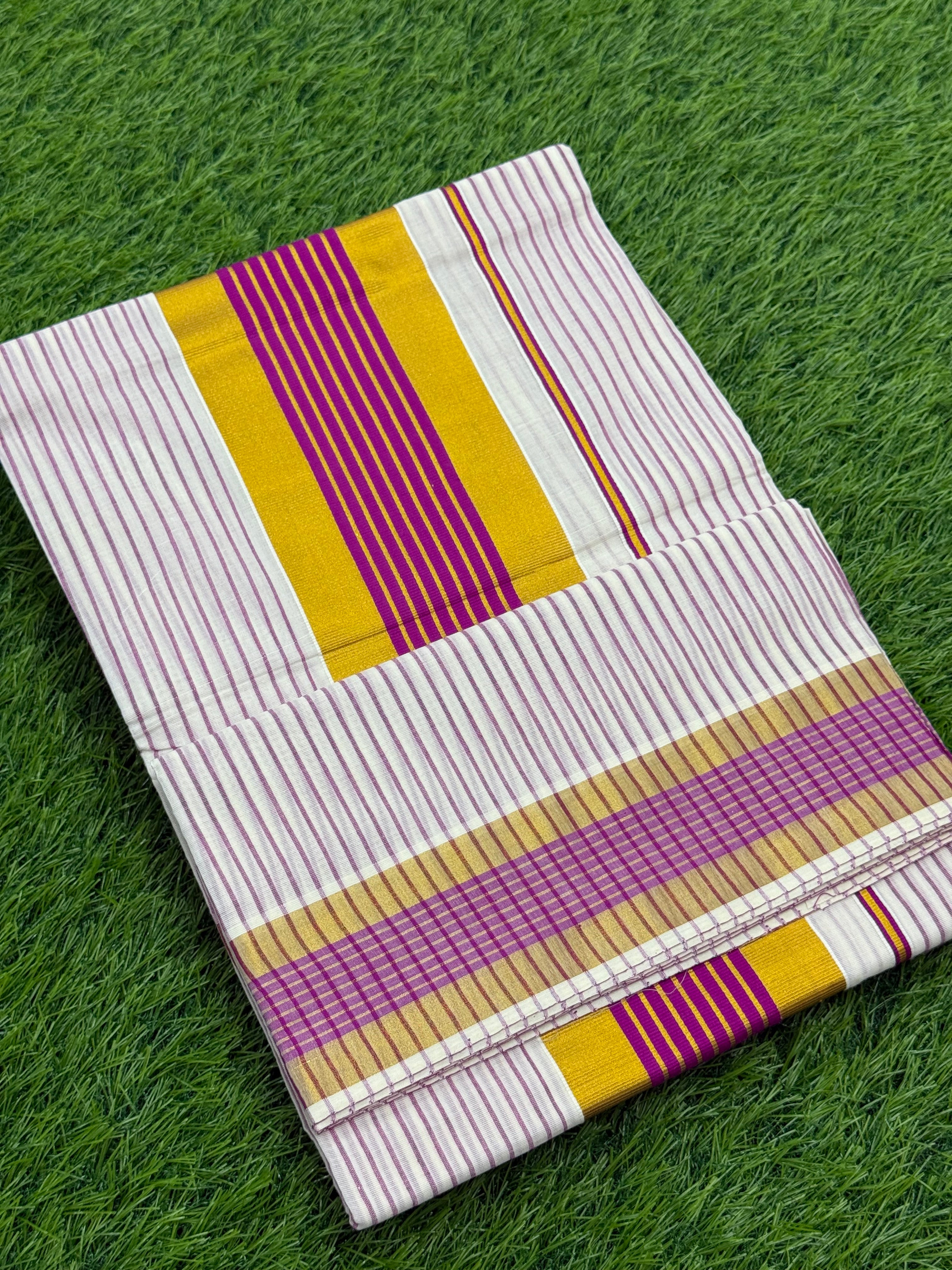 KERALA STRIPES KASAVU COTTON SAREE - (GOLD,PINK,OFF WHITE)