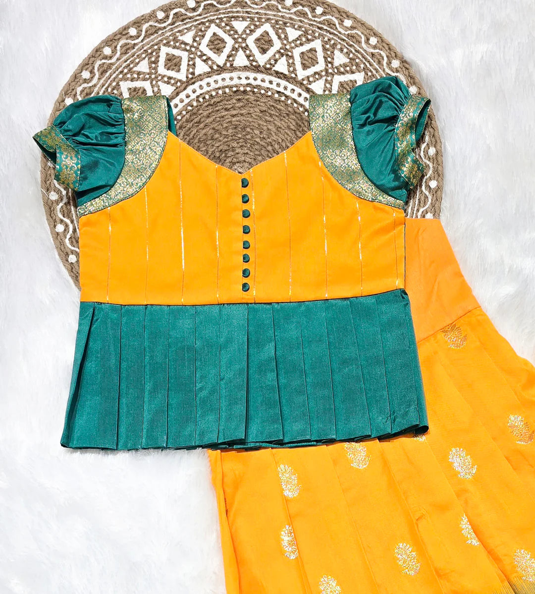 DESIGNER YELLOW TEAL PATTU PAVADAI