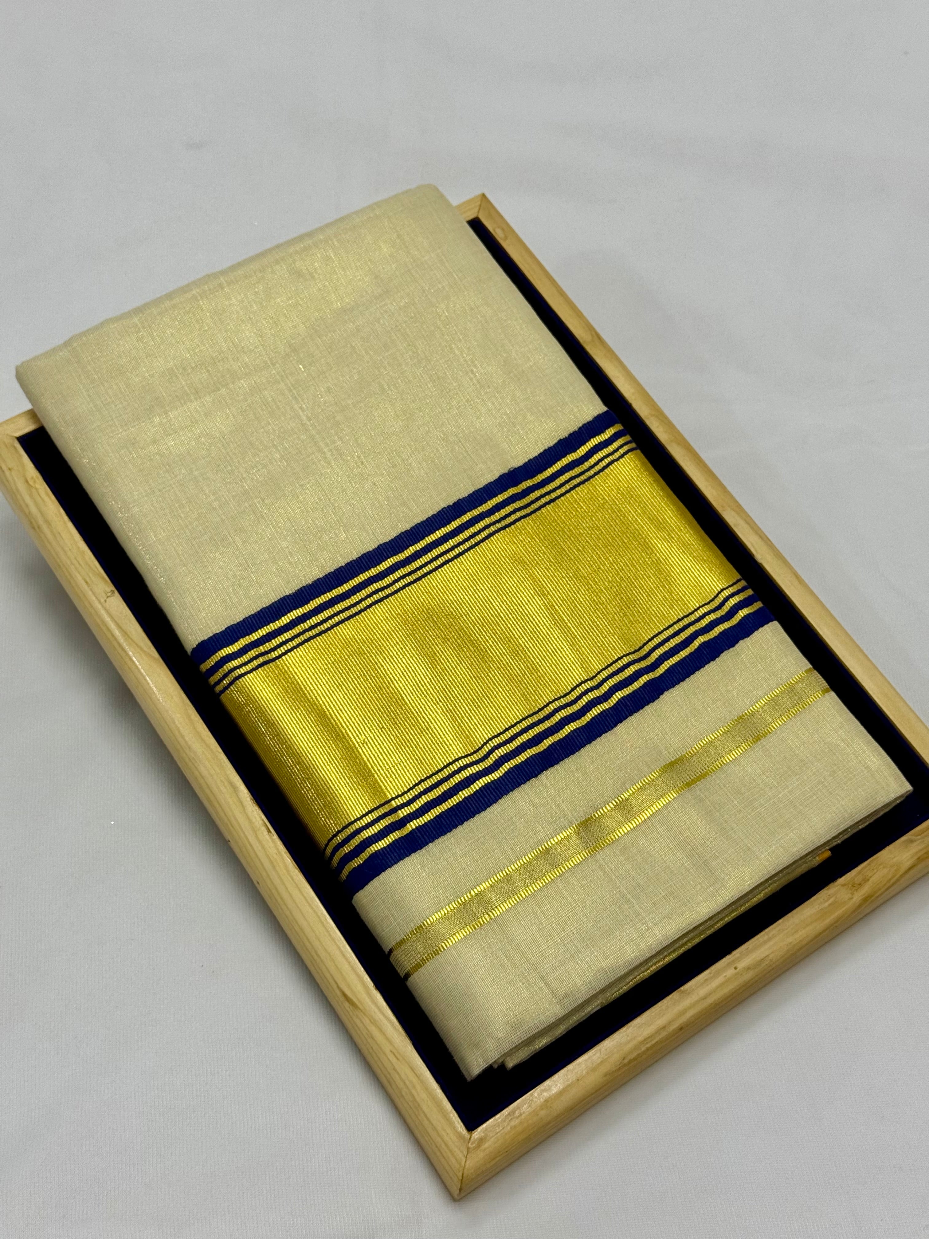 TRADITIONAL KERALA KASAVU TISSUE SAREE - (CREAM,GOLD,BLUE)