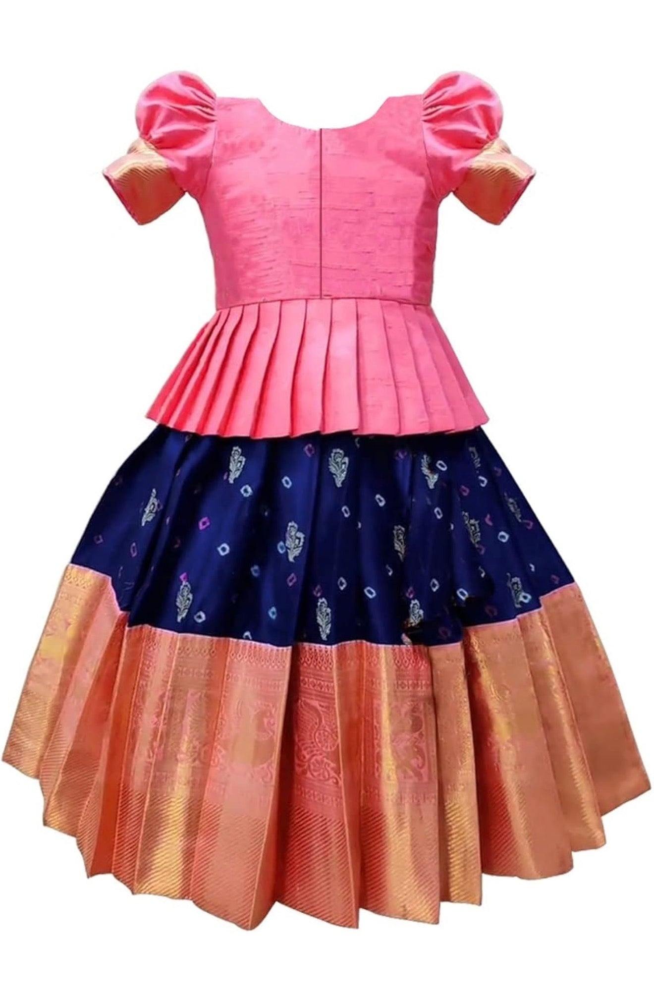 GIRLS SILK BLEND READYMADE PATTU PAVADAI/LEHENGA CHOLI - BABY PINK & BLUE