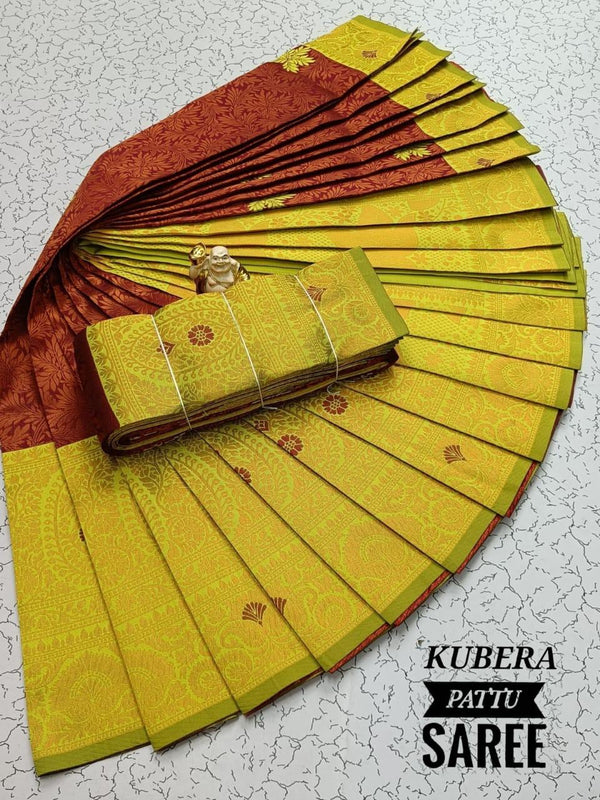 BRIDAL FANCY KUBERA SILK SAREE - BROWN & LIME GREEN