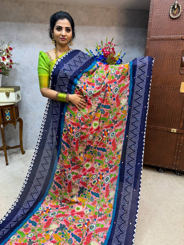 SEMI CREPE WITH KALAMKARI PRINTED - PINK AND NAVY BLUE