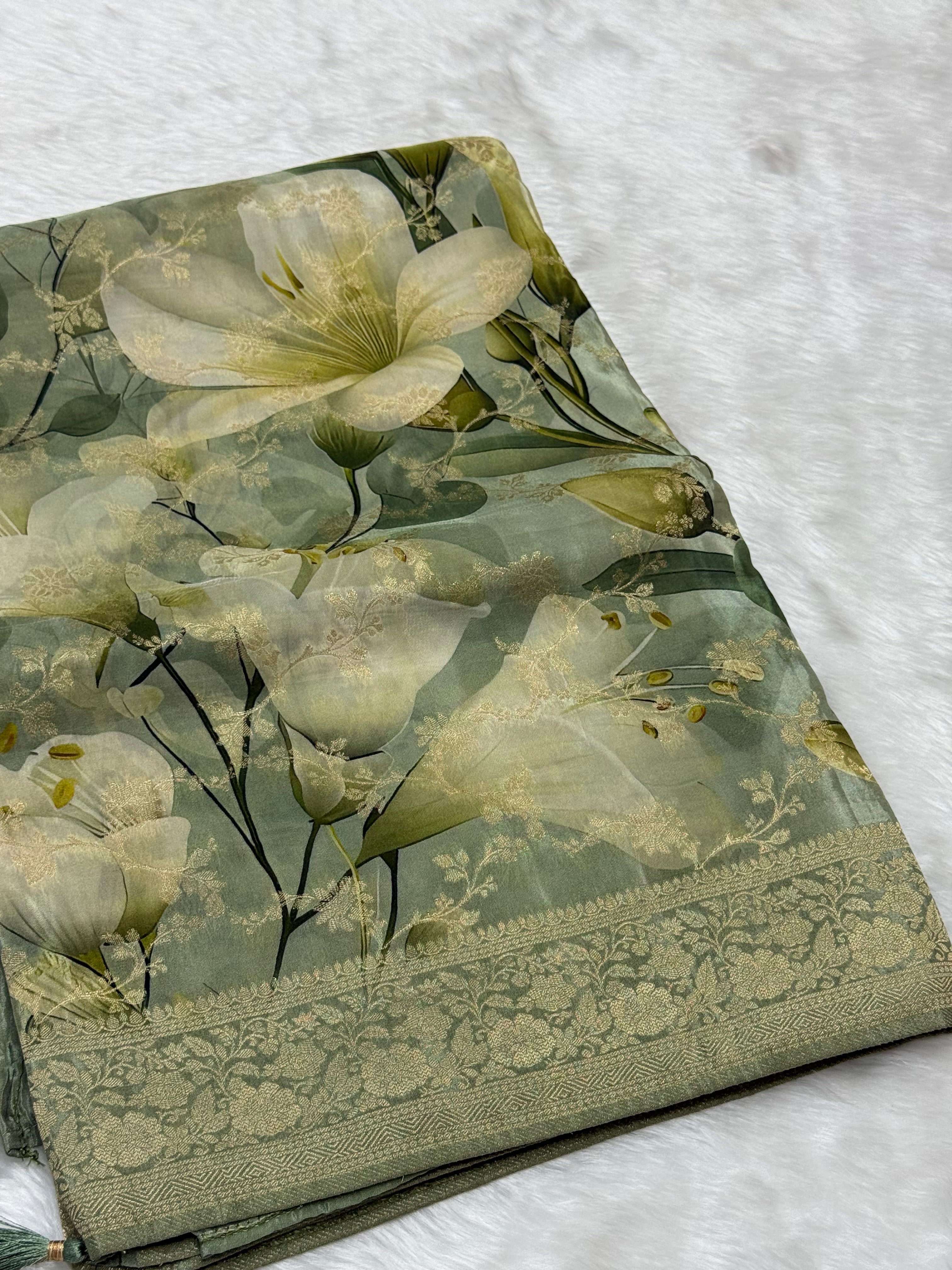 SAGE GREEN FLORAL PRINTED ORGANZA SILK SAREE WOVEN ZARI BORDER AND TASSELS
