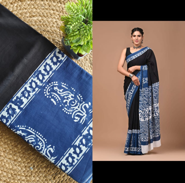 PRINTED MULMUL COTTON SAREE - BLACK