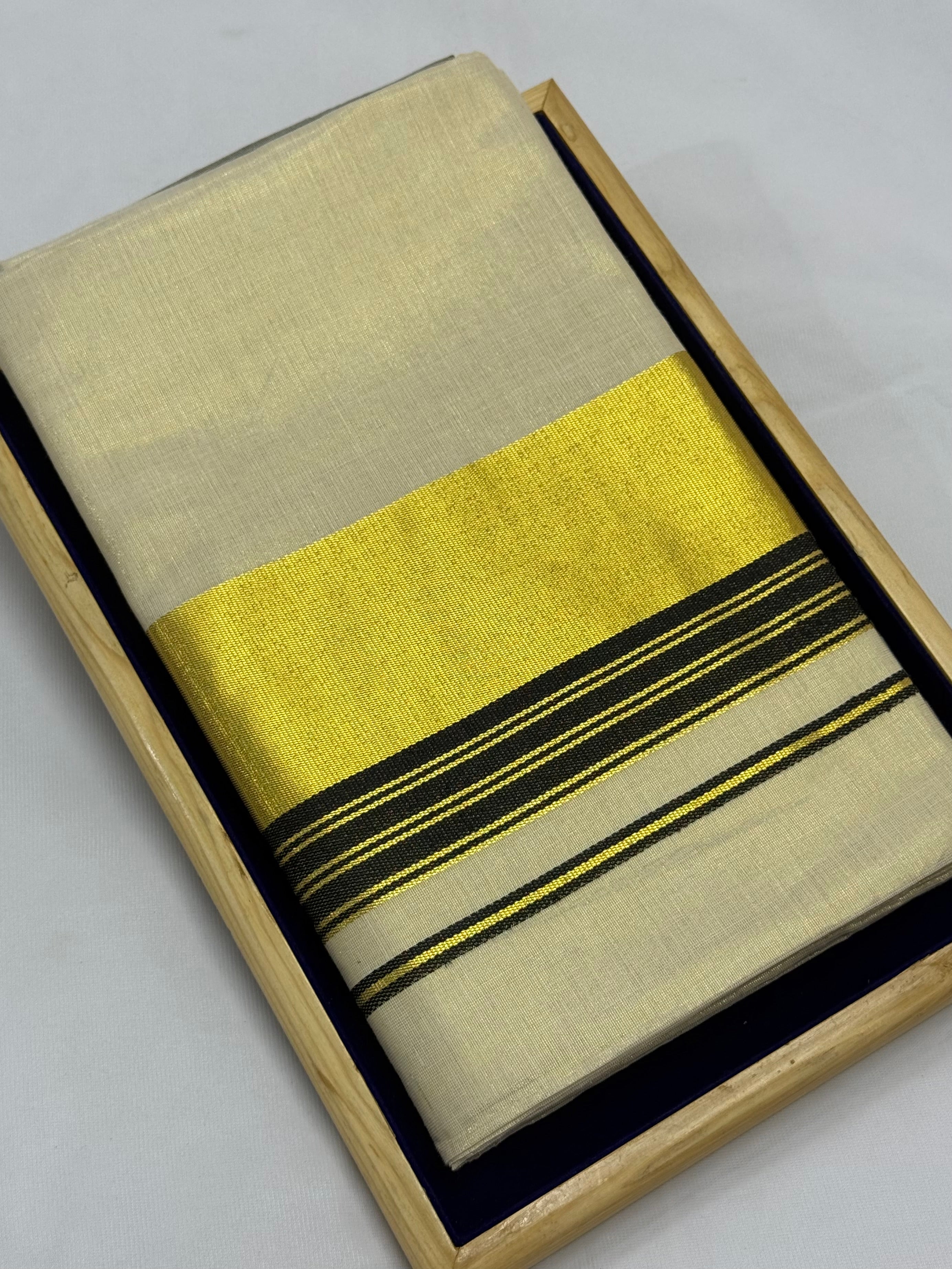 PREMIUM KERALA KASAVU TISSUE STRIPES SAREE - (CREAM,GOLD,BLACK)