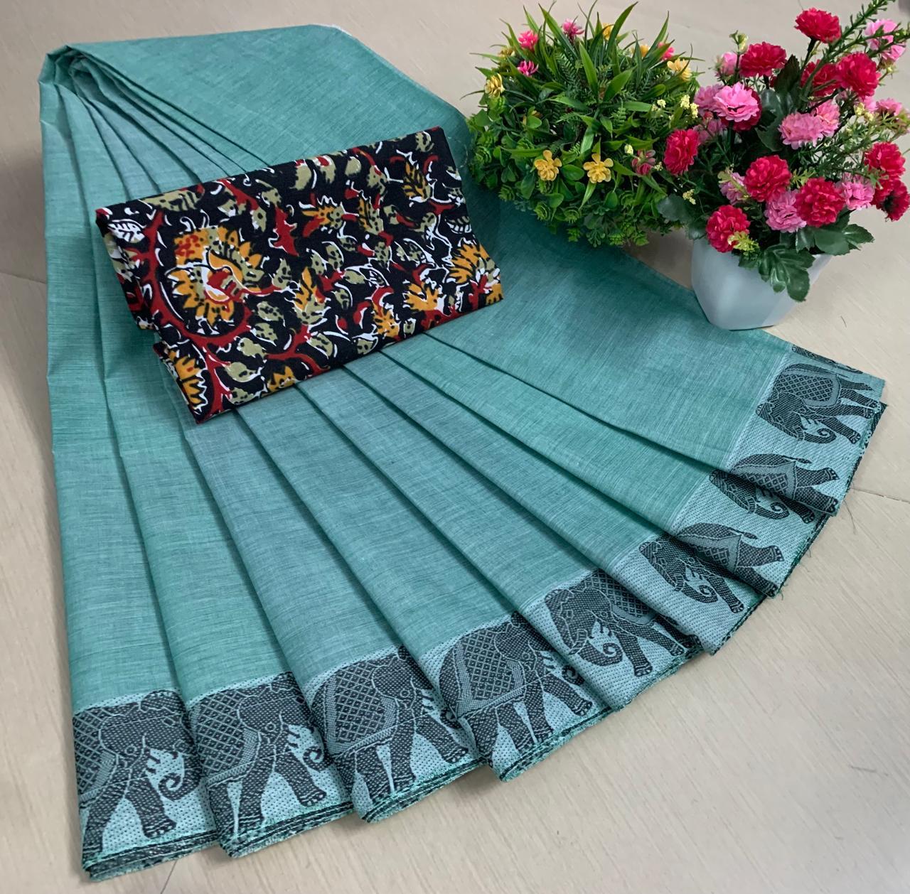 PURE KANCHI HANDLOOM COTTON SAREES - LIGHT GREEN