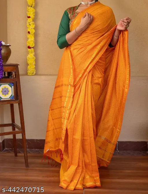 PREMIUM CHECKED COTTON SAREE - TURMERIC YELLOW