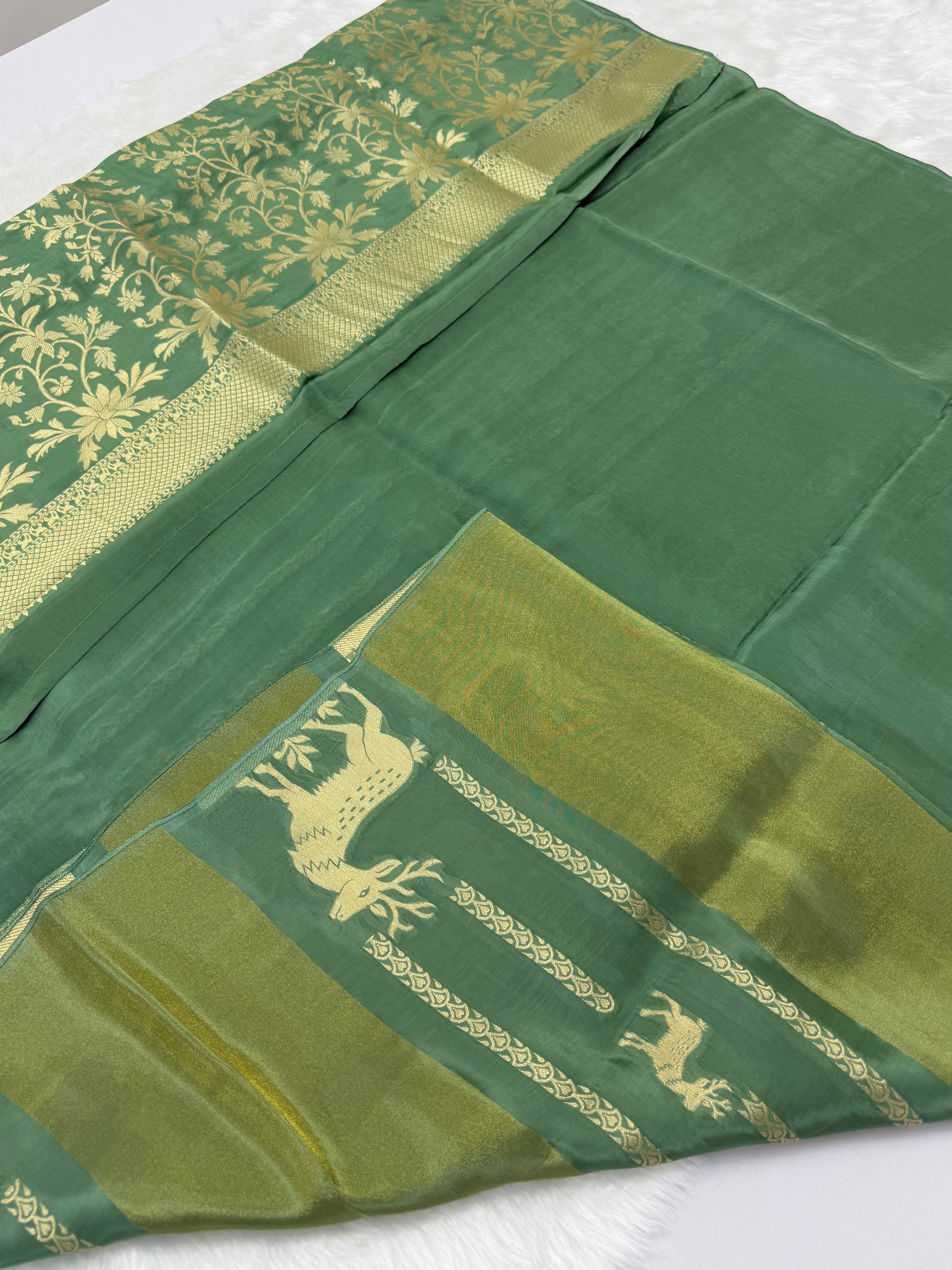 PREMIUM DEER EMBOSSED CHINON CREPE SAREES - MOSS GREEN