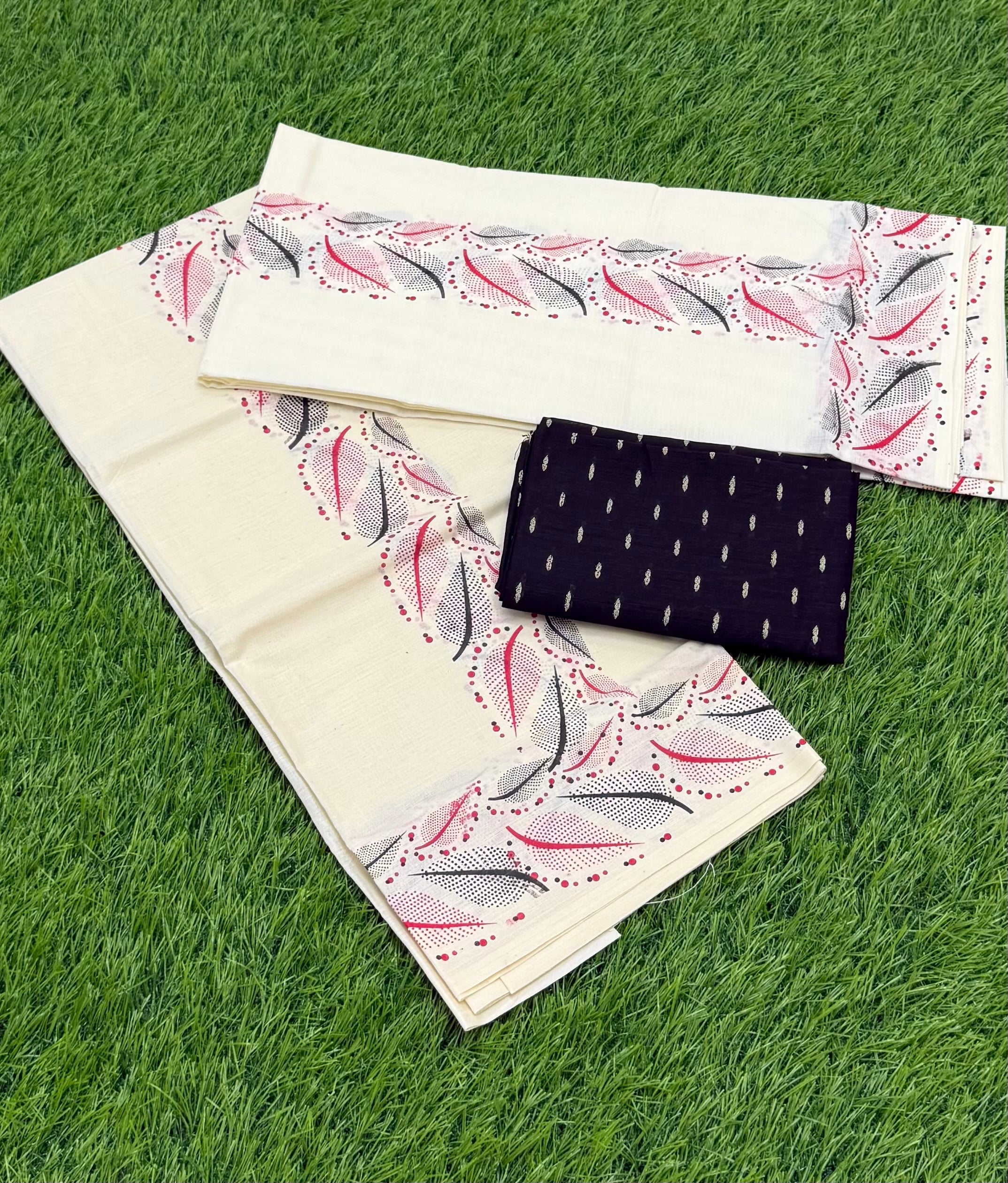 FANCY PRINTED SINGLE SET MUNDU (MUNDUM NERIYATHUM) WITH BLOUSE PIECE - 2 X 2.80 MTRS