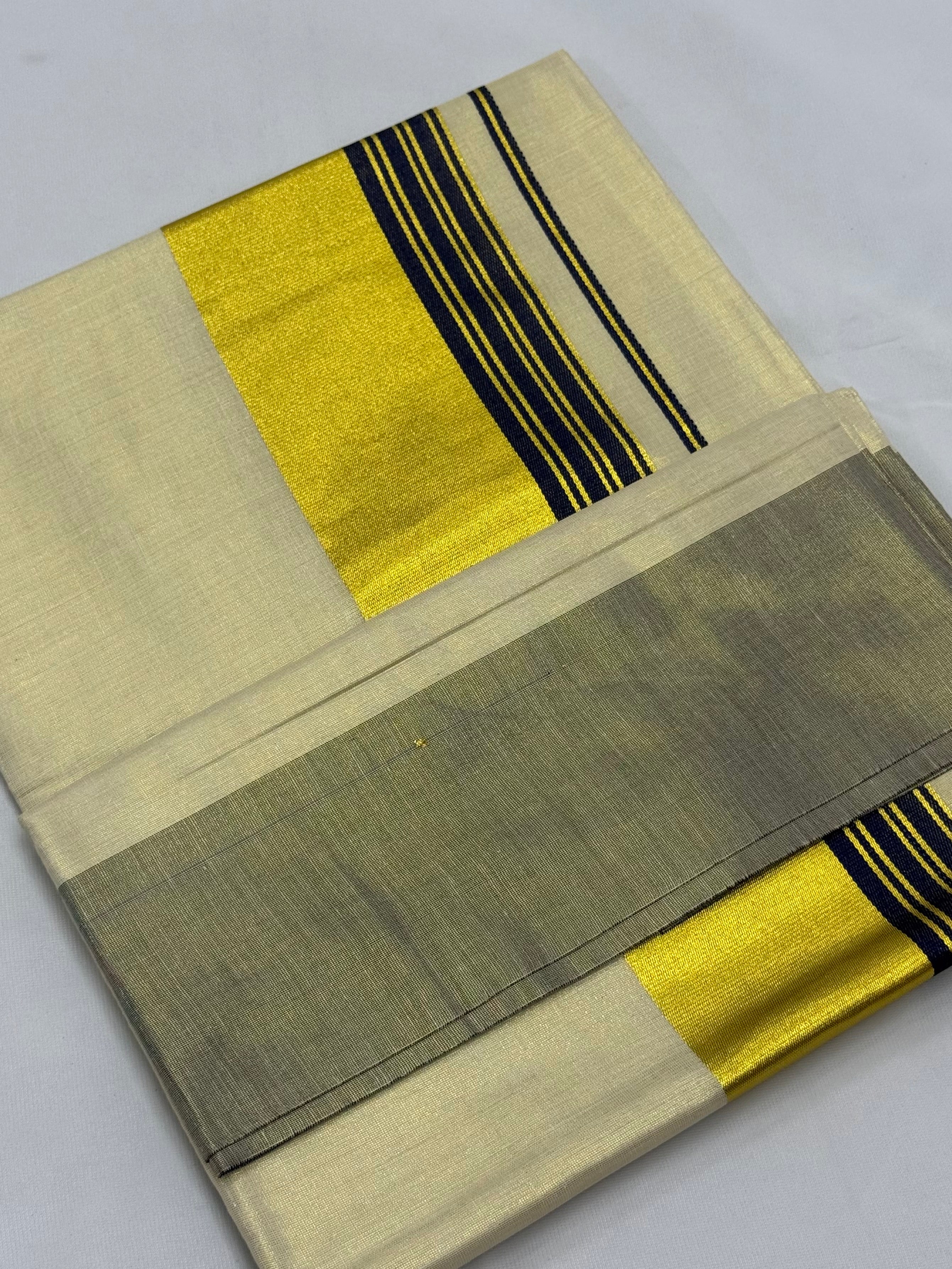 PREMIUM KERALA KASAVU TISSUE STRIPES SAREE - (CREAM,GOLD,BLUE)