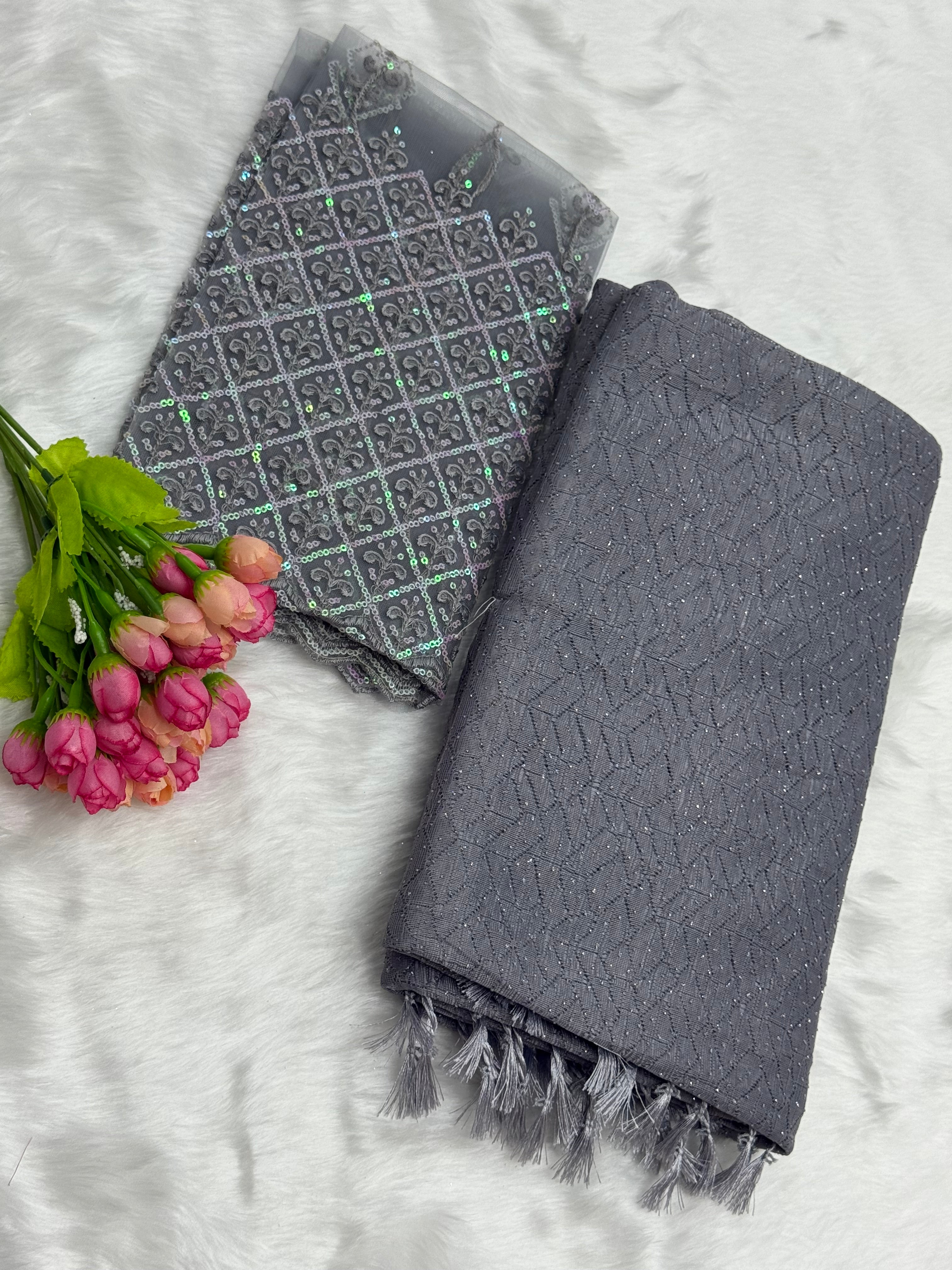 NETTED GEORGETTE SAREE WITH BLOUSE PIECE - GREY