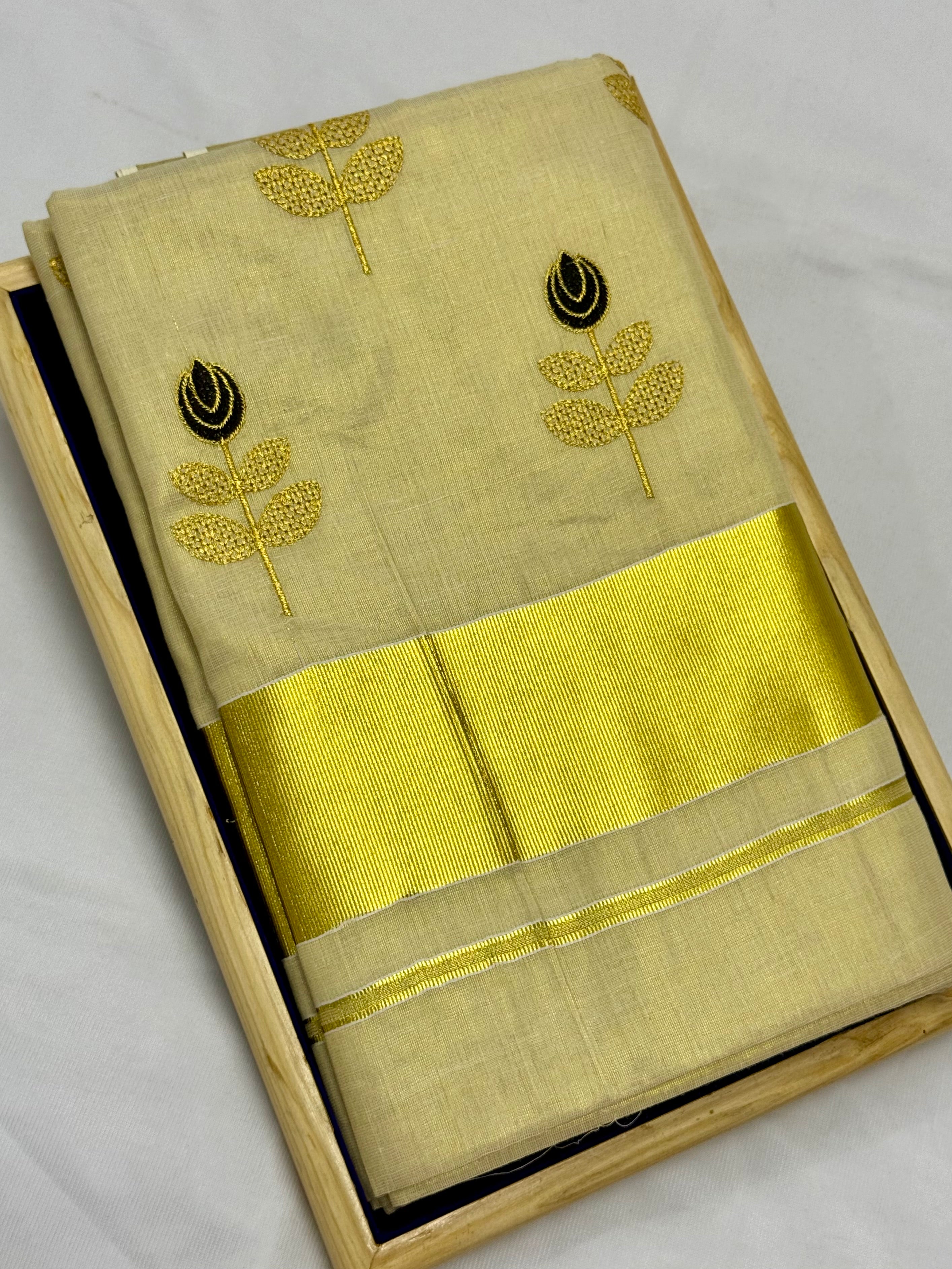 KERALA KASAVU TISSUE SILK EMBROIDERY  SAREE - (GOLD,CREAM)